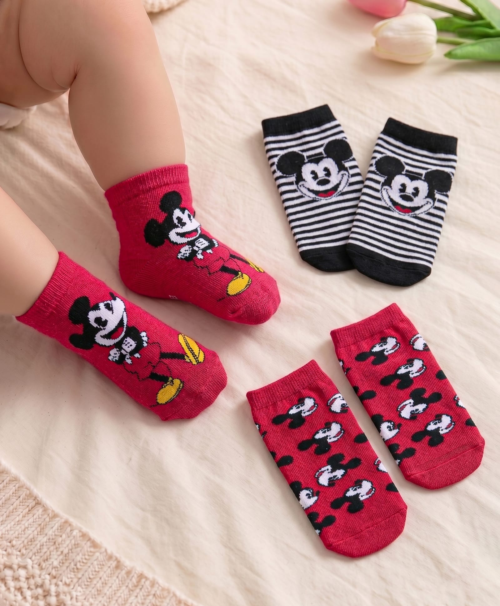 Cute Walk Disney by Babyhug Cotton Knit Ankle Length Anti Bacterial Socks Stripes & Mickey Mouse Design Pack of 3 - Red Black & Grey-image-24