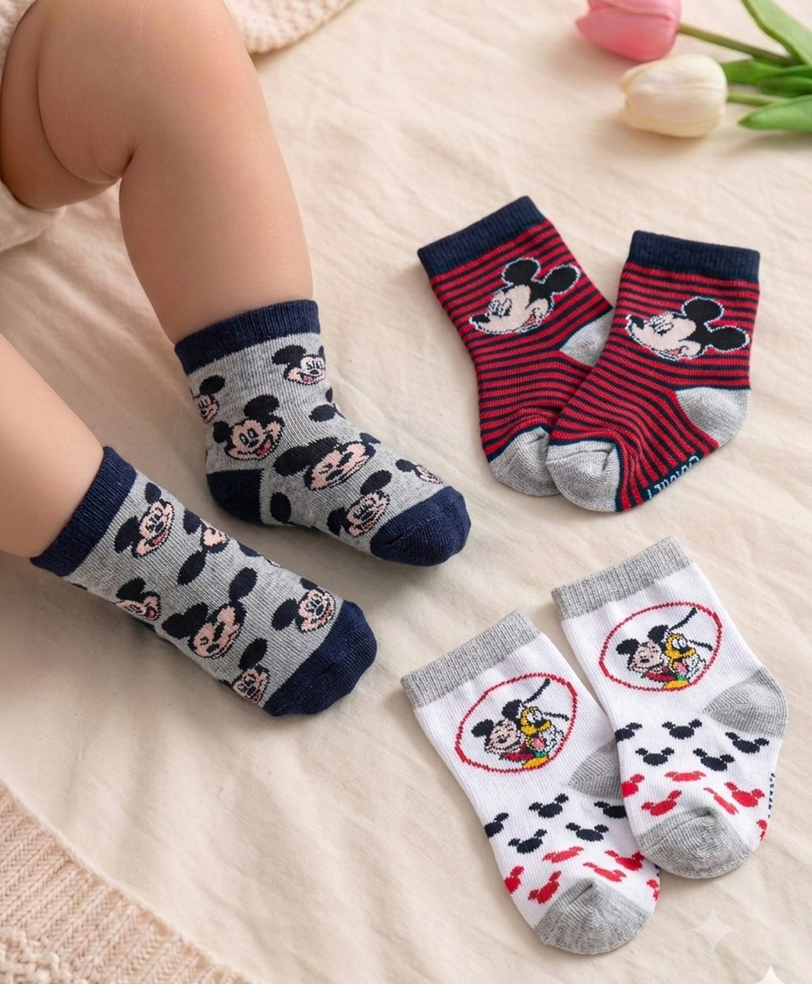 Cute Walk Disney By Babyhug Anti Bacterial Ankle Length Socks Mickey Mouse Design Pack Of 3 - Multicolour-image-24