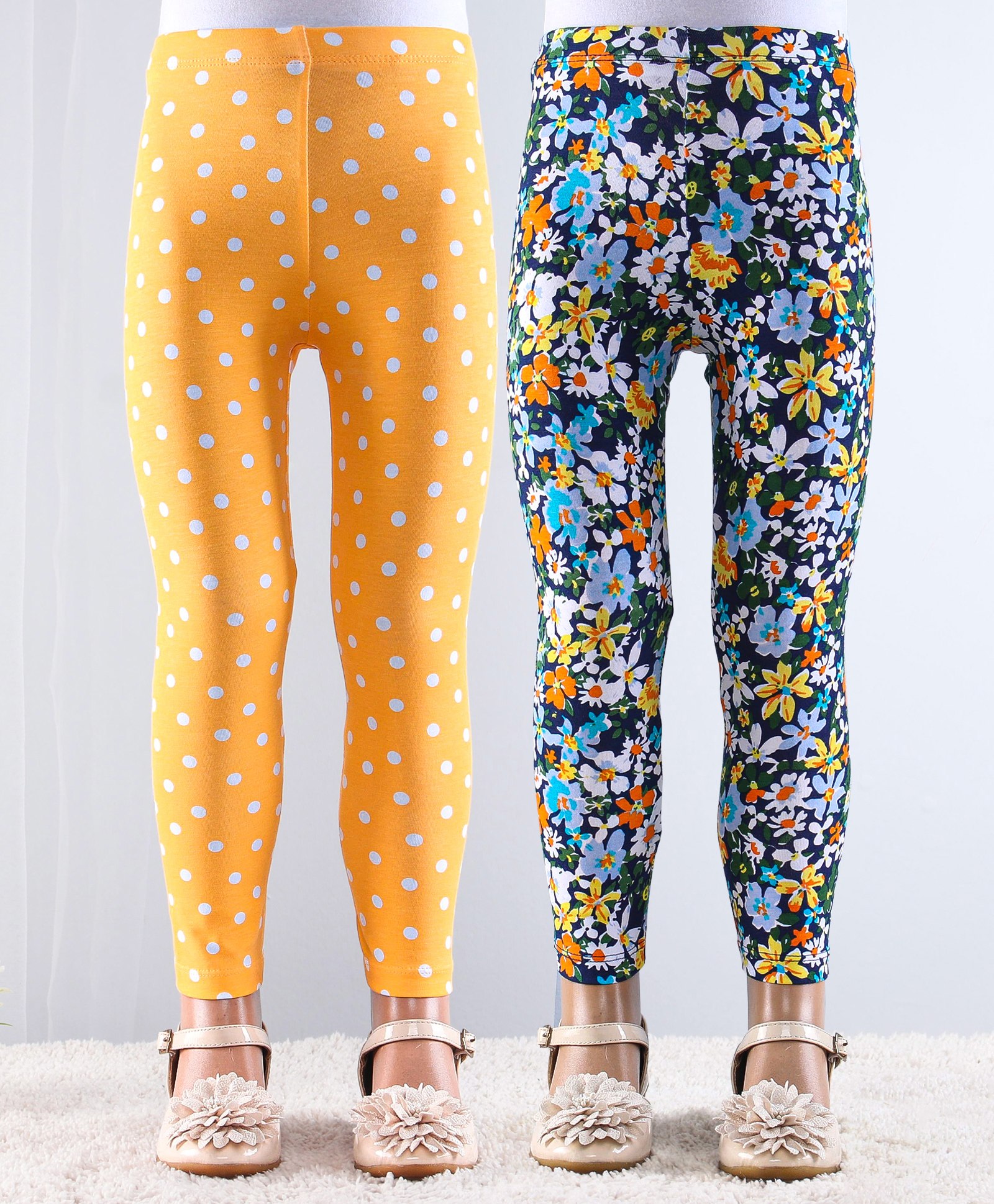 Babyhug Cotton Lycra Full Length Leggings with Stretch & Floral Print Pack of 2 - Yellow & Green-picture-28