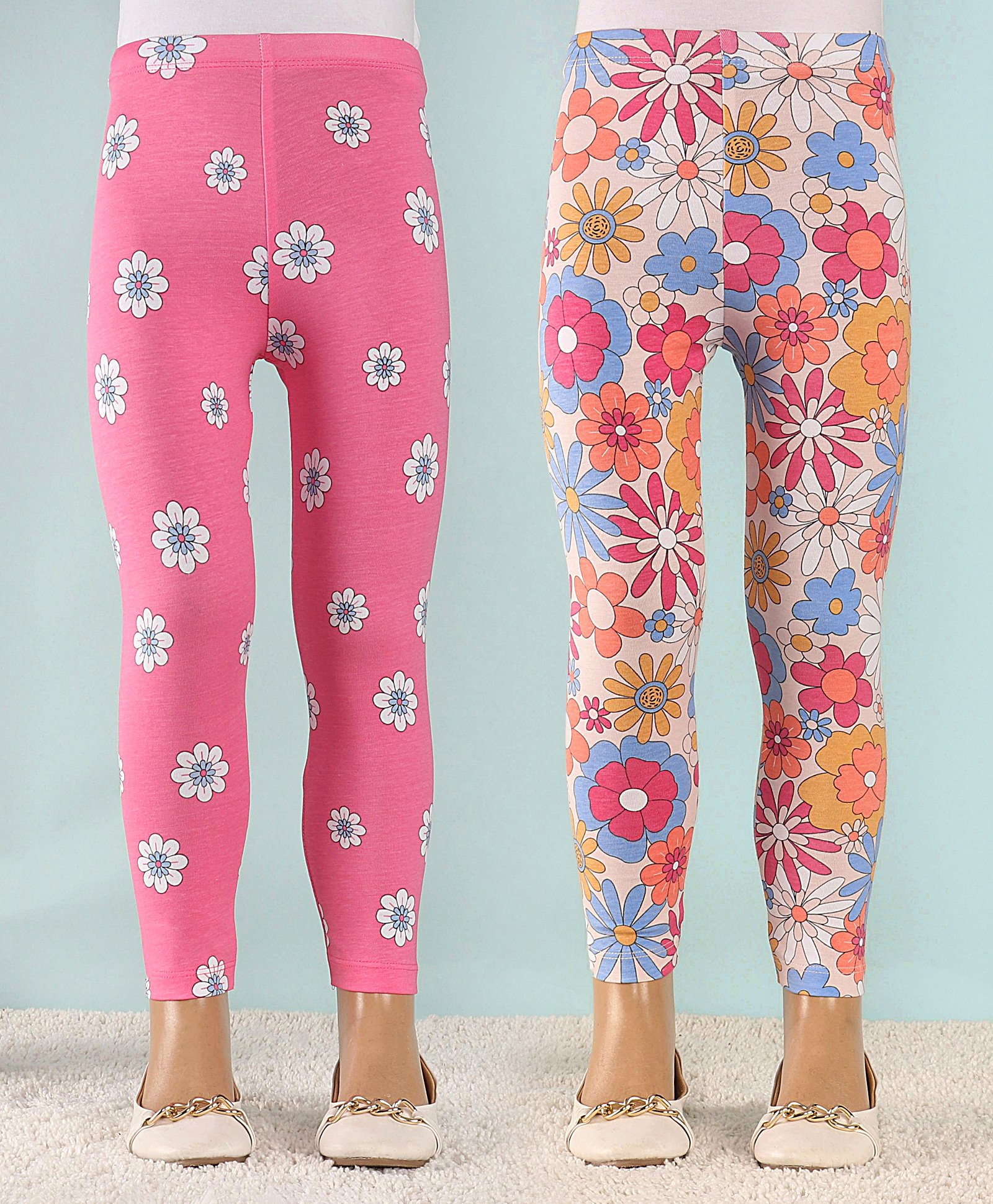 Babyhug Cotton Lycra Full Length Leggings With Stretch Floral Print Pack of 2 - Multicolor-picture-21