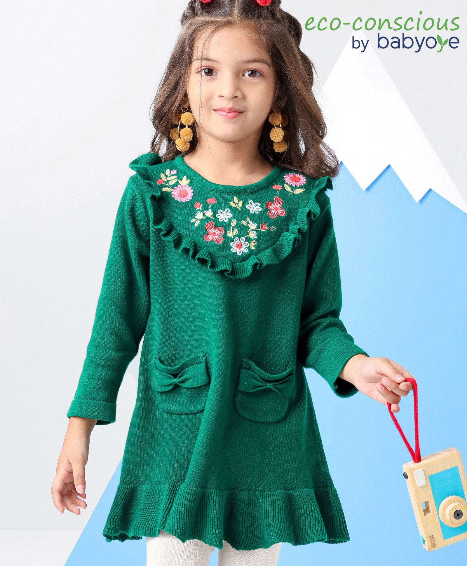 Babyoye Eco Conscious 100% Cotton Solid Full Sleeves Sweater Frock with Floral Embroidery - Green-picture-27