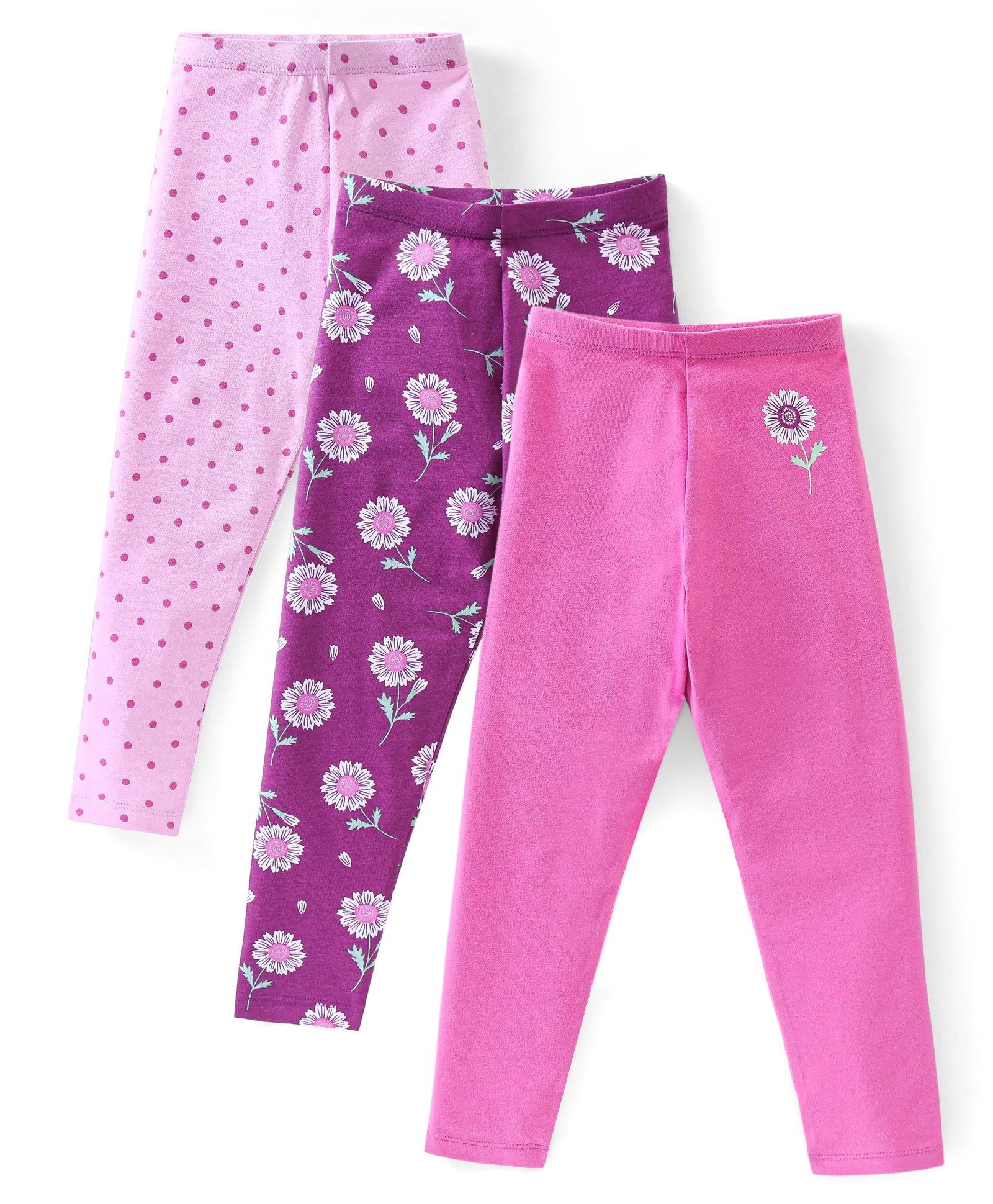 Babyhug Cotton Lycra Full Length Leggings Polka Dots & Floral Printed Pack of 3 - Pink & Purple-image-48
