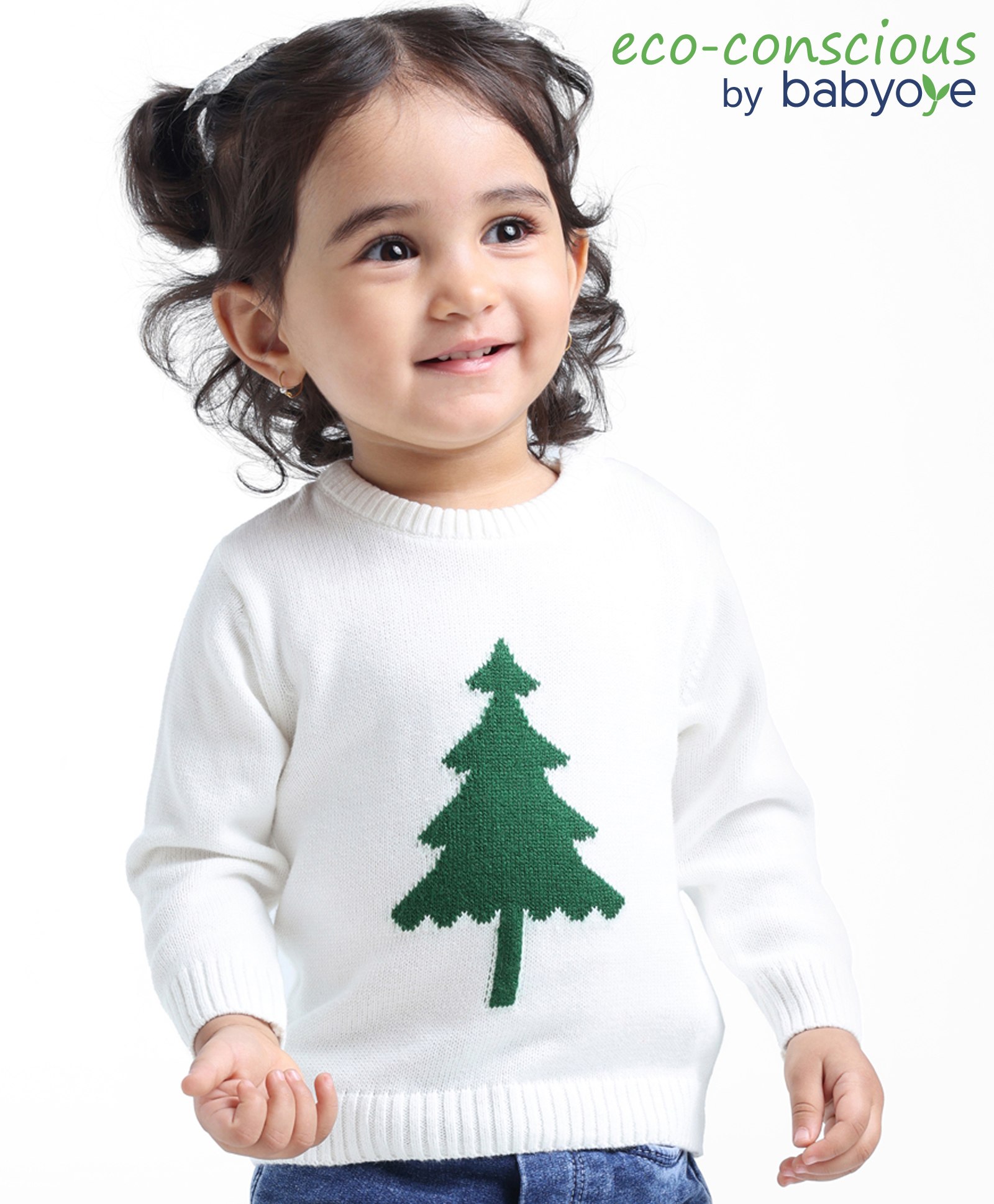 Babyoye Eco Conscious 100% Cotton Full Sleeves Christmas Tree Design Sweater - White-picture-19