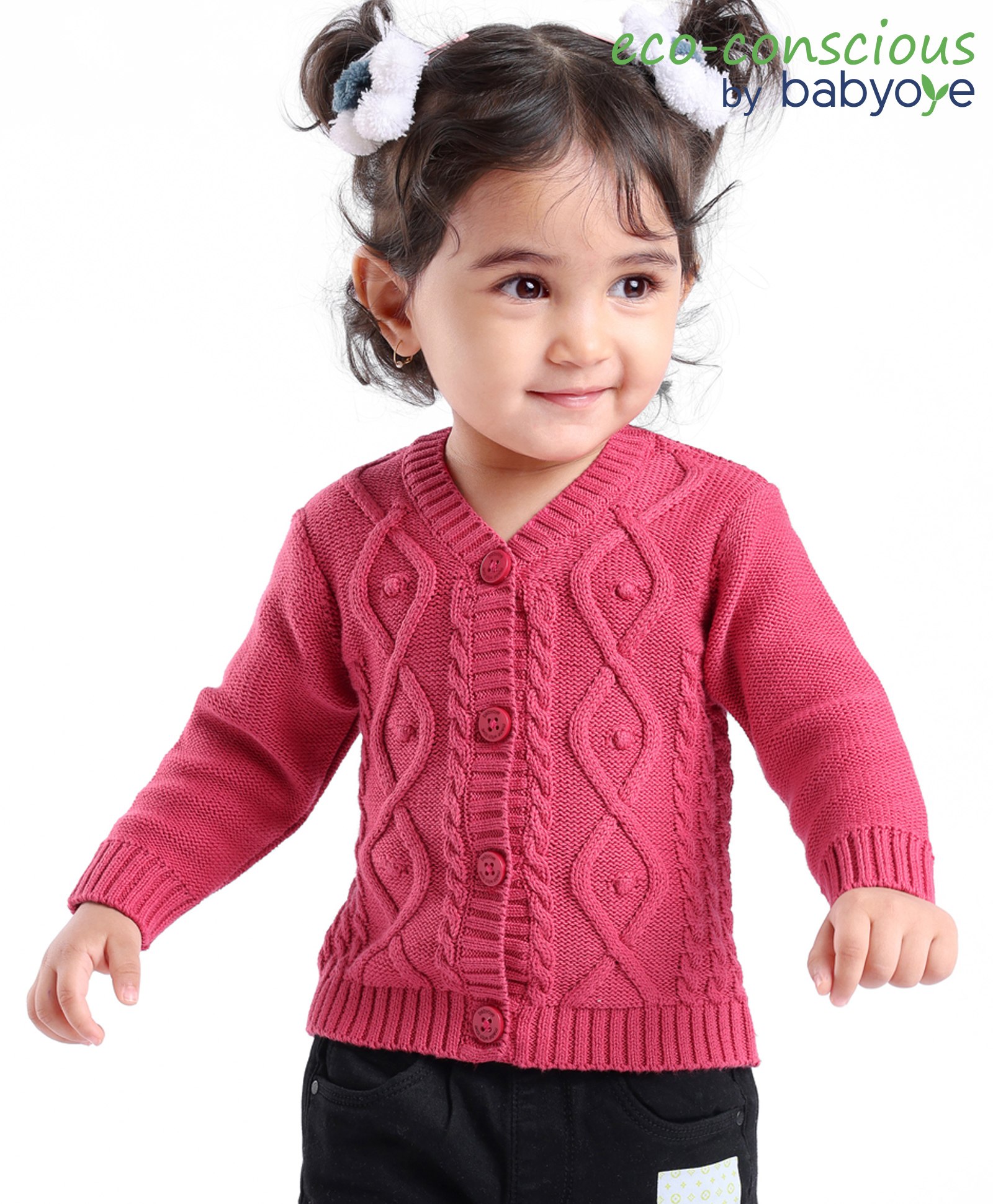 Babyoye Eco Conscious 100% Cotton Solid Full Sleeves Front Open Sweater - Dark Pink-picture-22