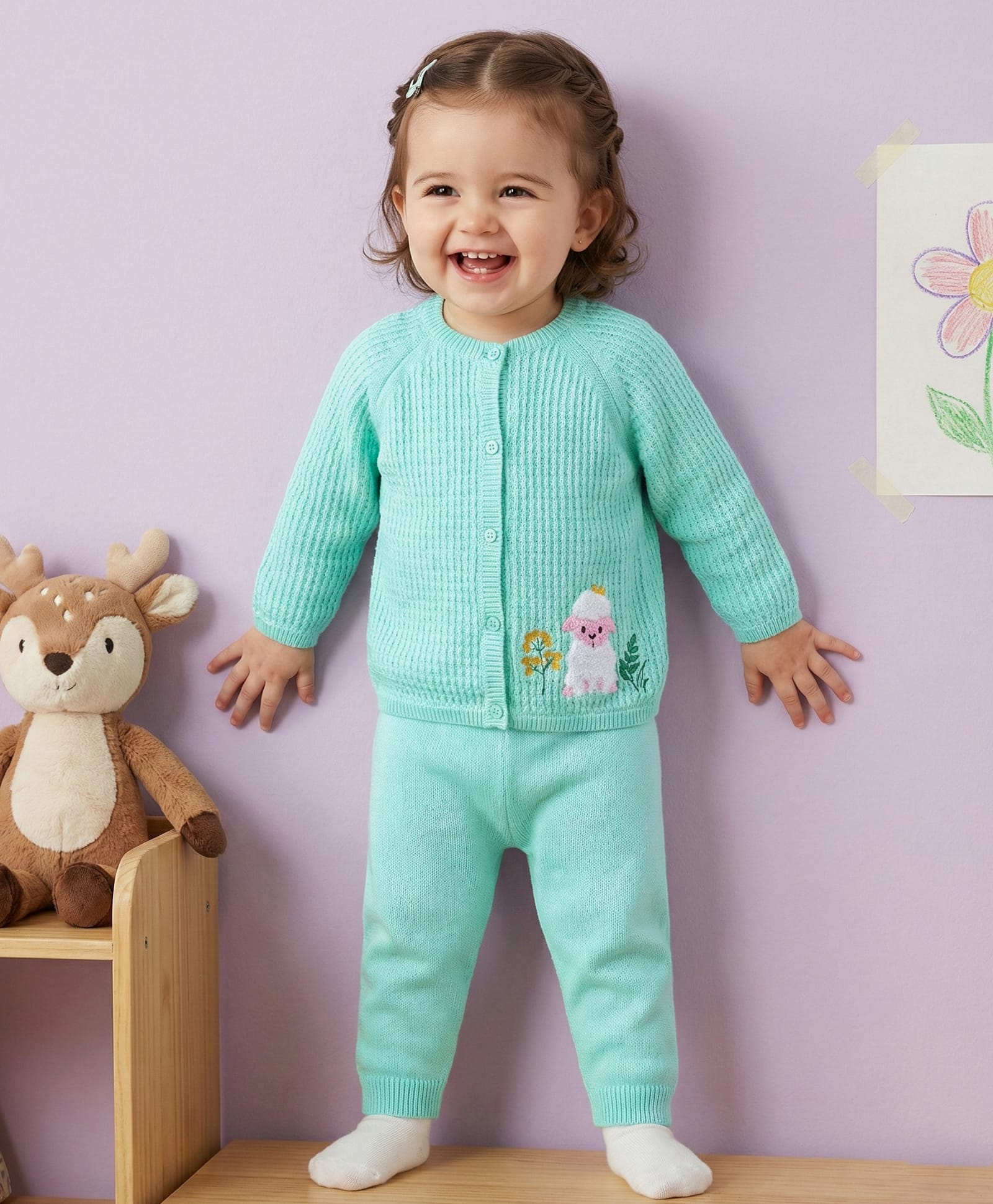 Babyoye Eco Conscious 100% Cotton Knit Full Sleeves Sweater Set with Lamb Design - Light Green-picture-35