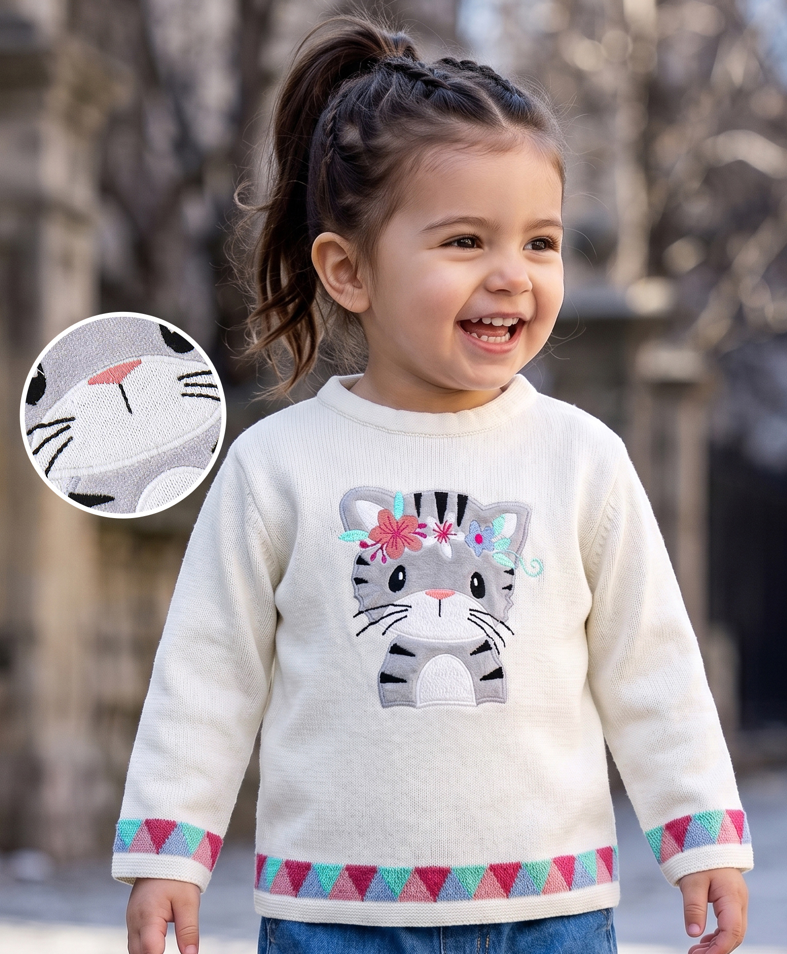 Babyoye Eco-Conscious Cotton Full Sleeves Kitty Applique Sweater - White-picture-20