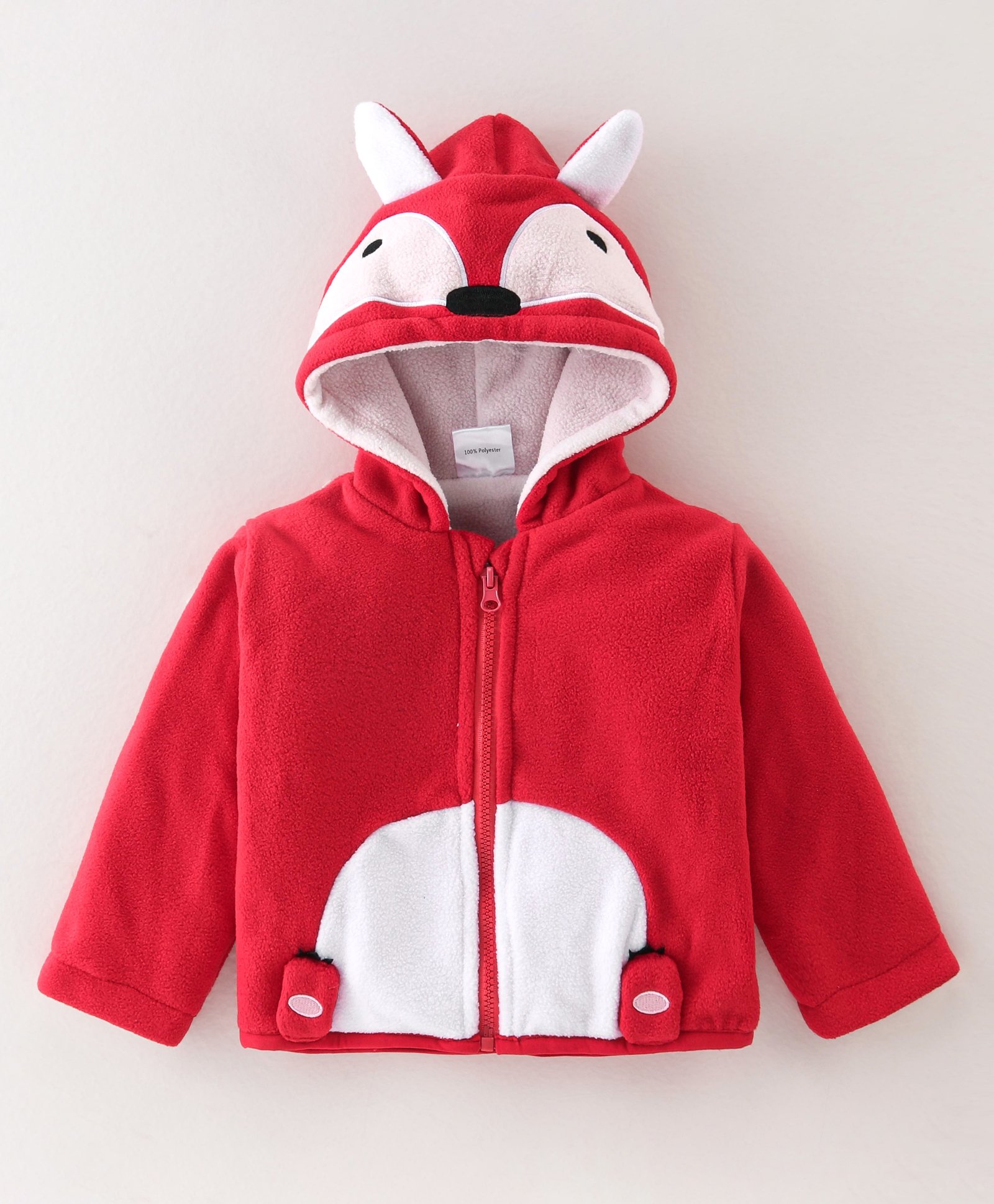 Kookie Kids Full Sleeves Hoodie With Fox Applique - Red & White-image-9