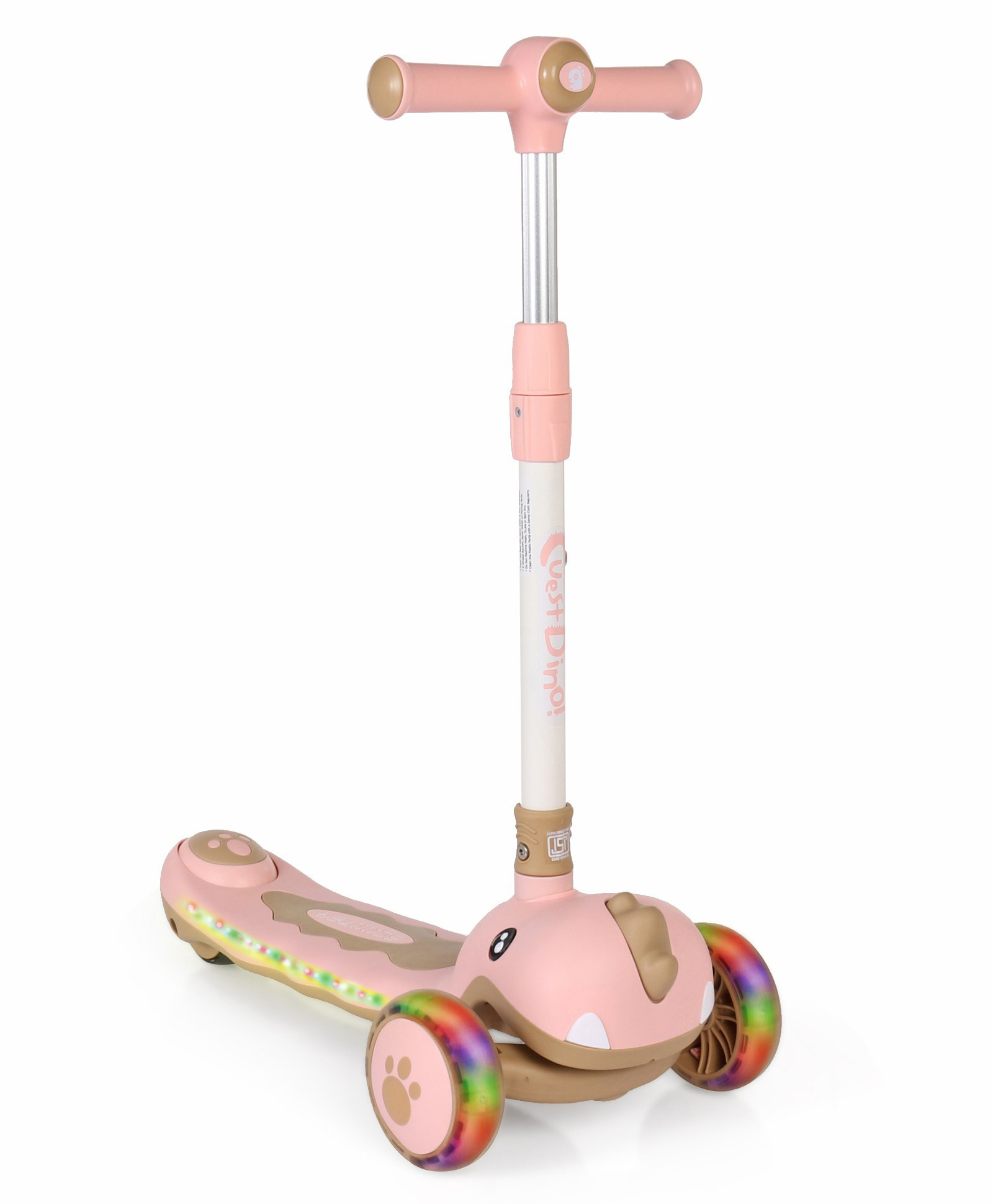 Dino Faced Glider Toddler 3 Wheel Foldable Kids Kick Scooter With Led Light Up Deck And Wheel With Music And 3 level Height Adjustment - Pink-image-29