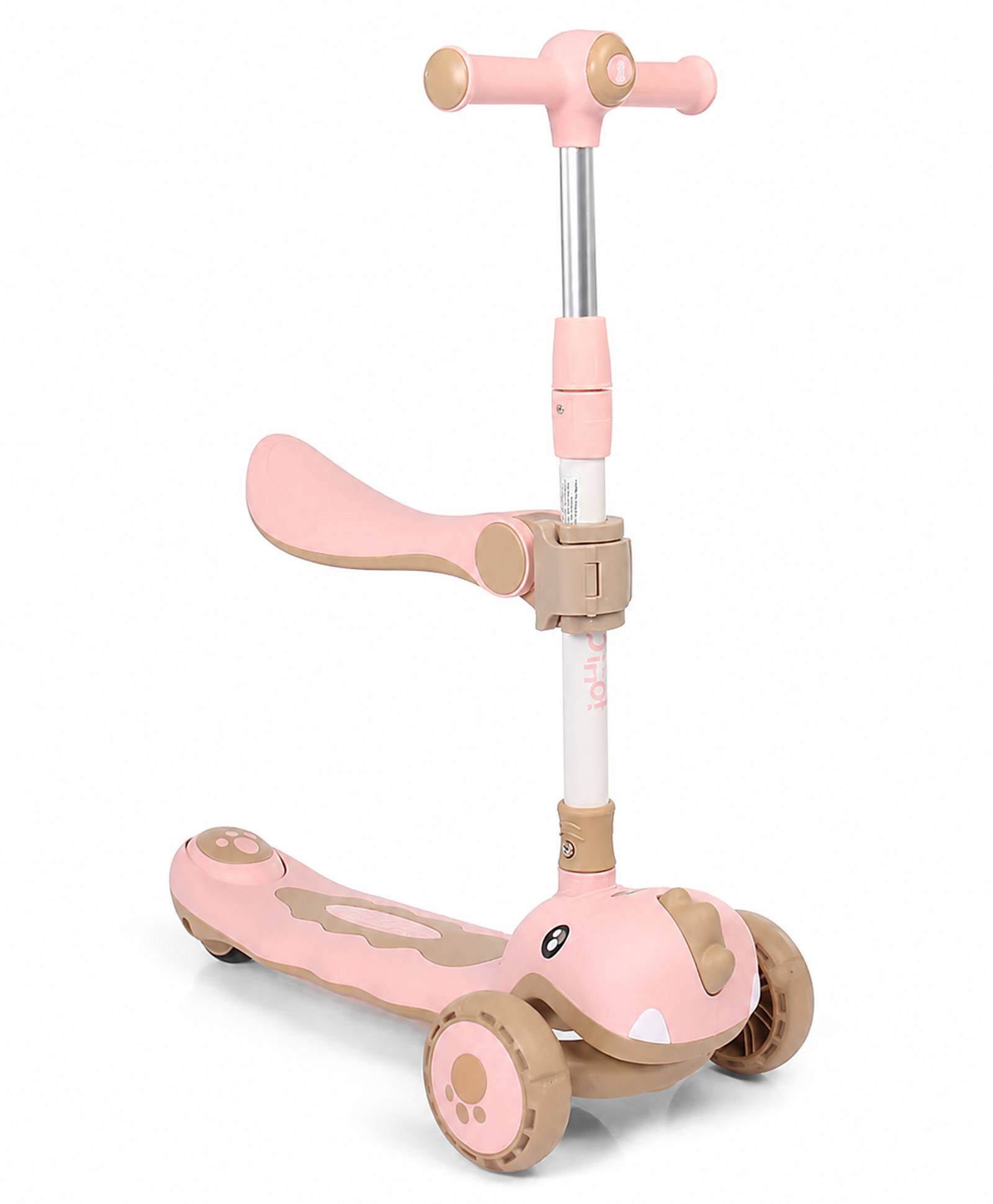 Dino Faced Unbreakable And Never Fall Down 2 in 1 Kids Scooter With Adjustable Height Music With Removable Seat And Non-Slip LED Deck And Wheel - Pink-image-30