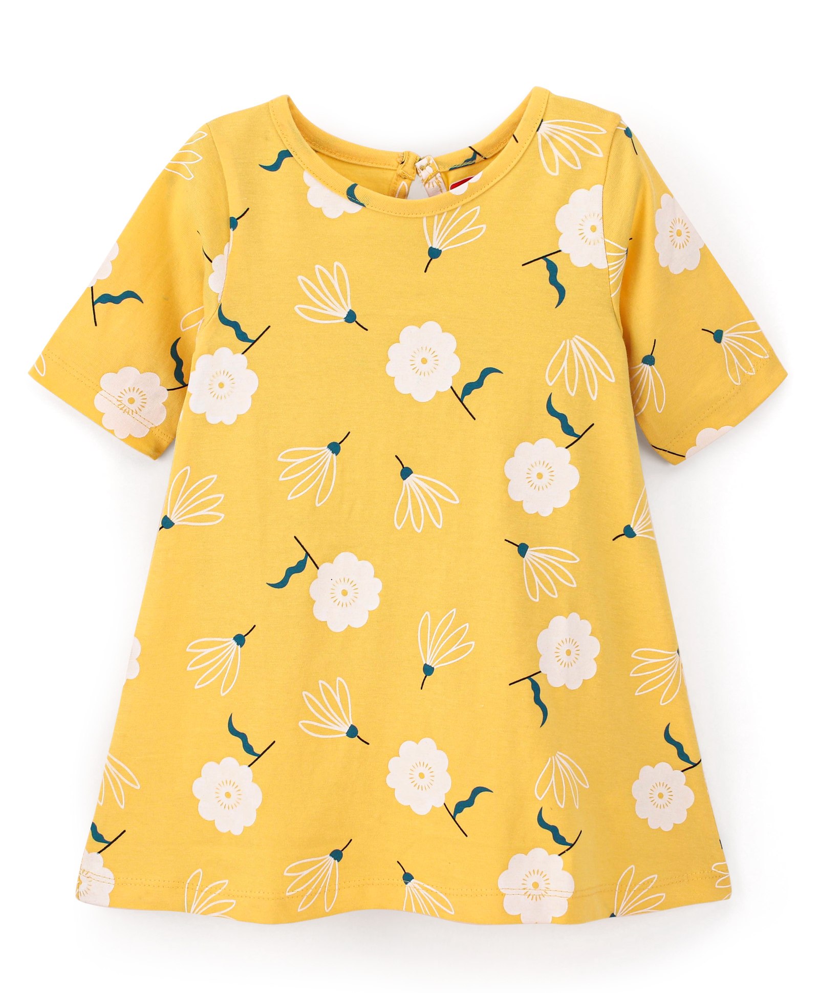 Babyhug Cotton Knit Half Sleeves Floral Printed Nighty - Yellow-image-0