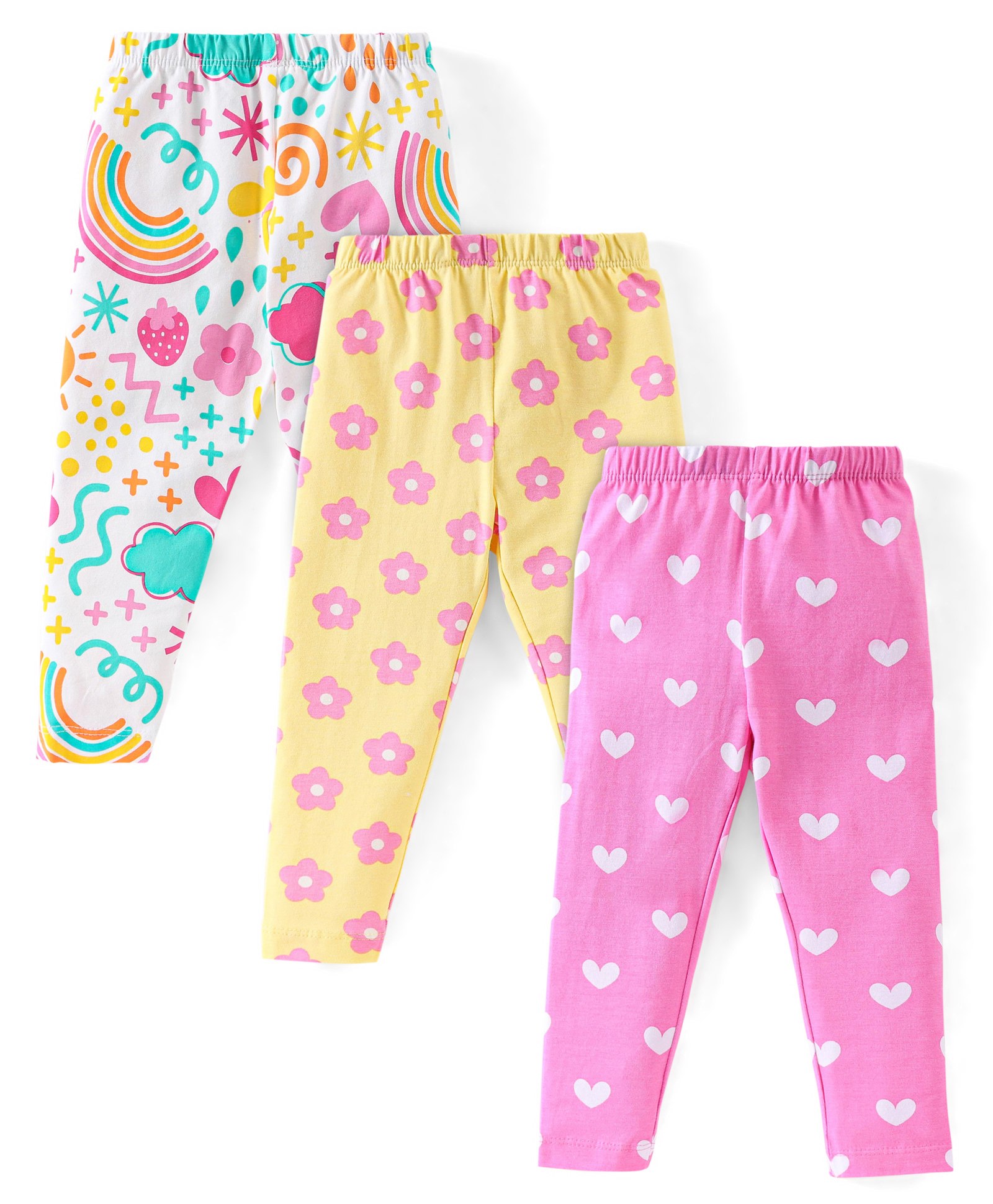 Babyhug Cotton Lycra Full Length Stretchable Legging Floral Print Pack Of 3 - Pink White & Yellow-picture-23