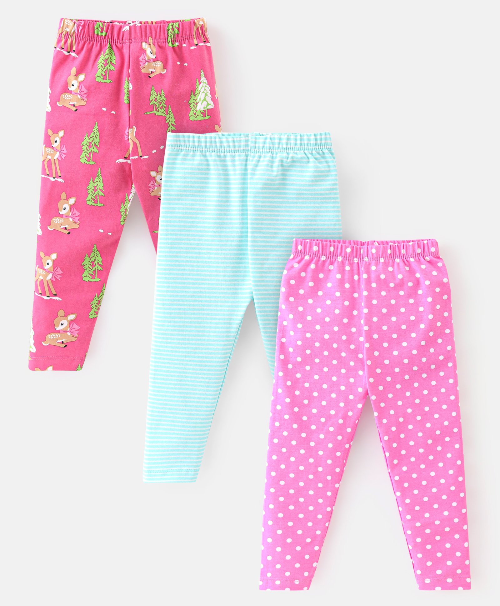 Babyhug Cotton Lycra Knit Full Length Leggings with Stretch & Heart Print Pack of 3 - Pink & Blue-image-27