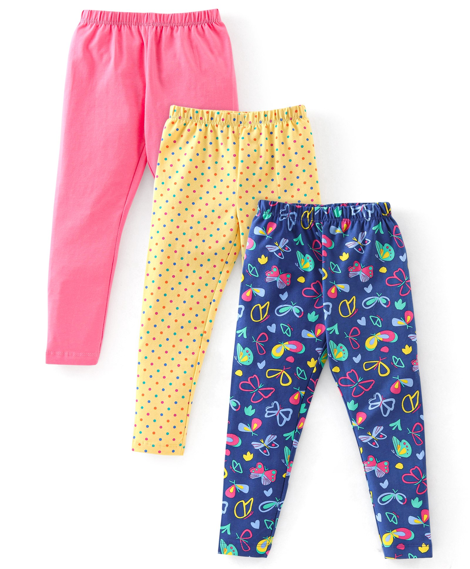 Babyhug Cotton Lycra Full Length Stretchable Legging Butterfly Print Pack Of 3 - Pink Blue & Yellow-image-28