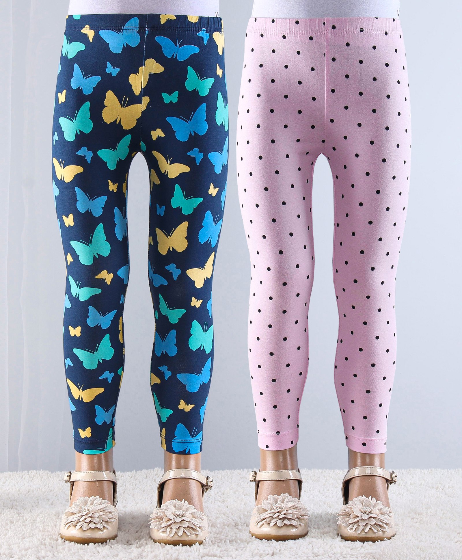 Babyhug Cotton Lycra Knit Full Length Stretchable Leggings Butterfly Print Pack of 2 - Blue & Pink-image-25