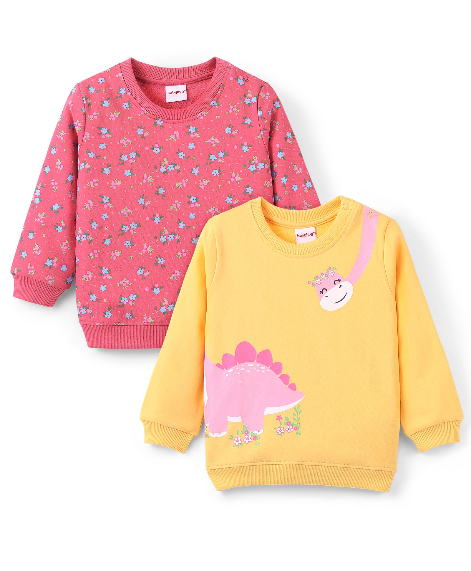Babyhug Cotton Knit Full Sleeves Floral & Dino Graphics Sweatshirts Pack of 2 - Pink & Yellow-picture-28