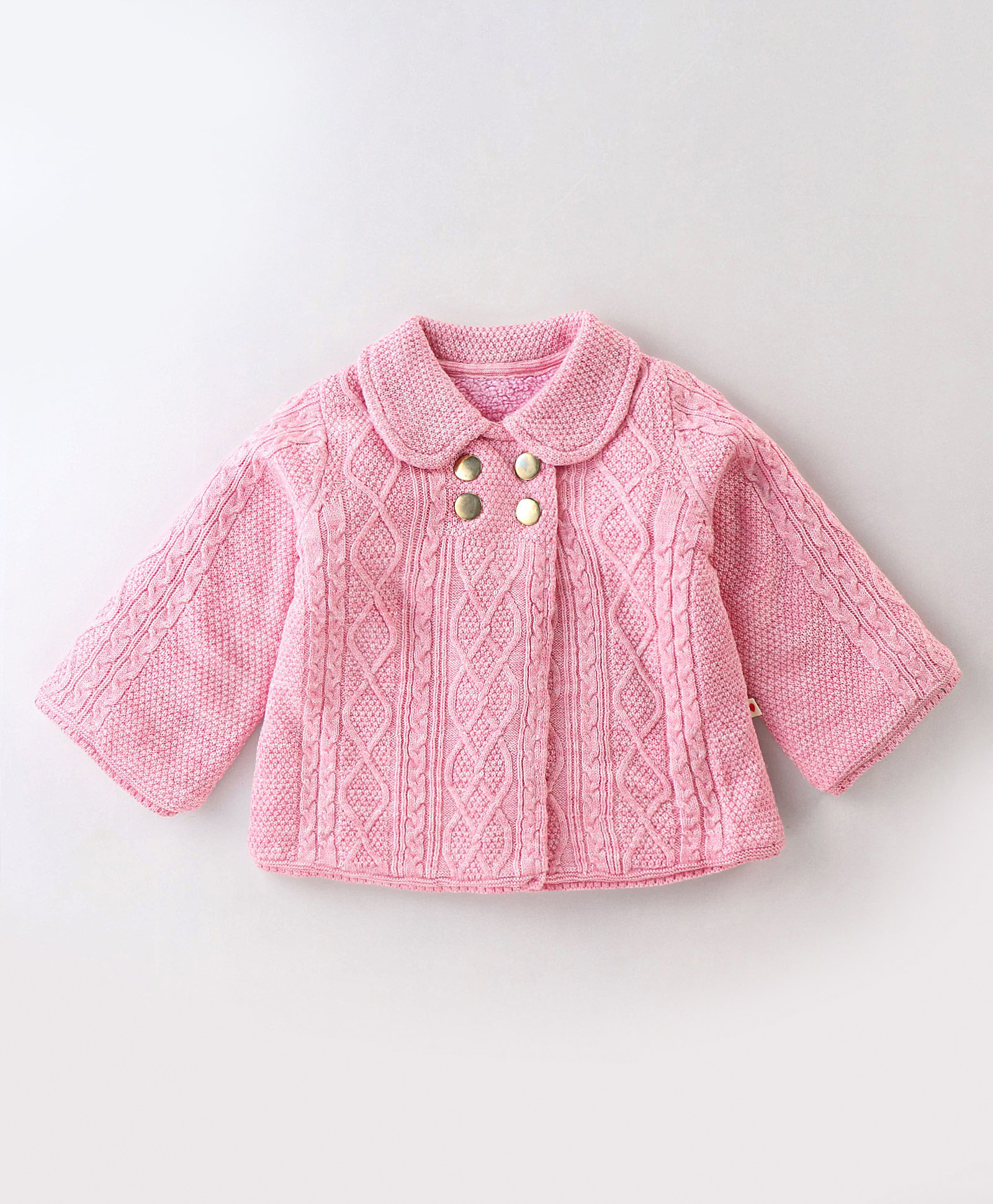 Yellow Apple Acrylic Full Sleeves Front Open Cable Knitted Sweater - Pink-picture-13
