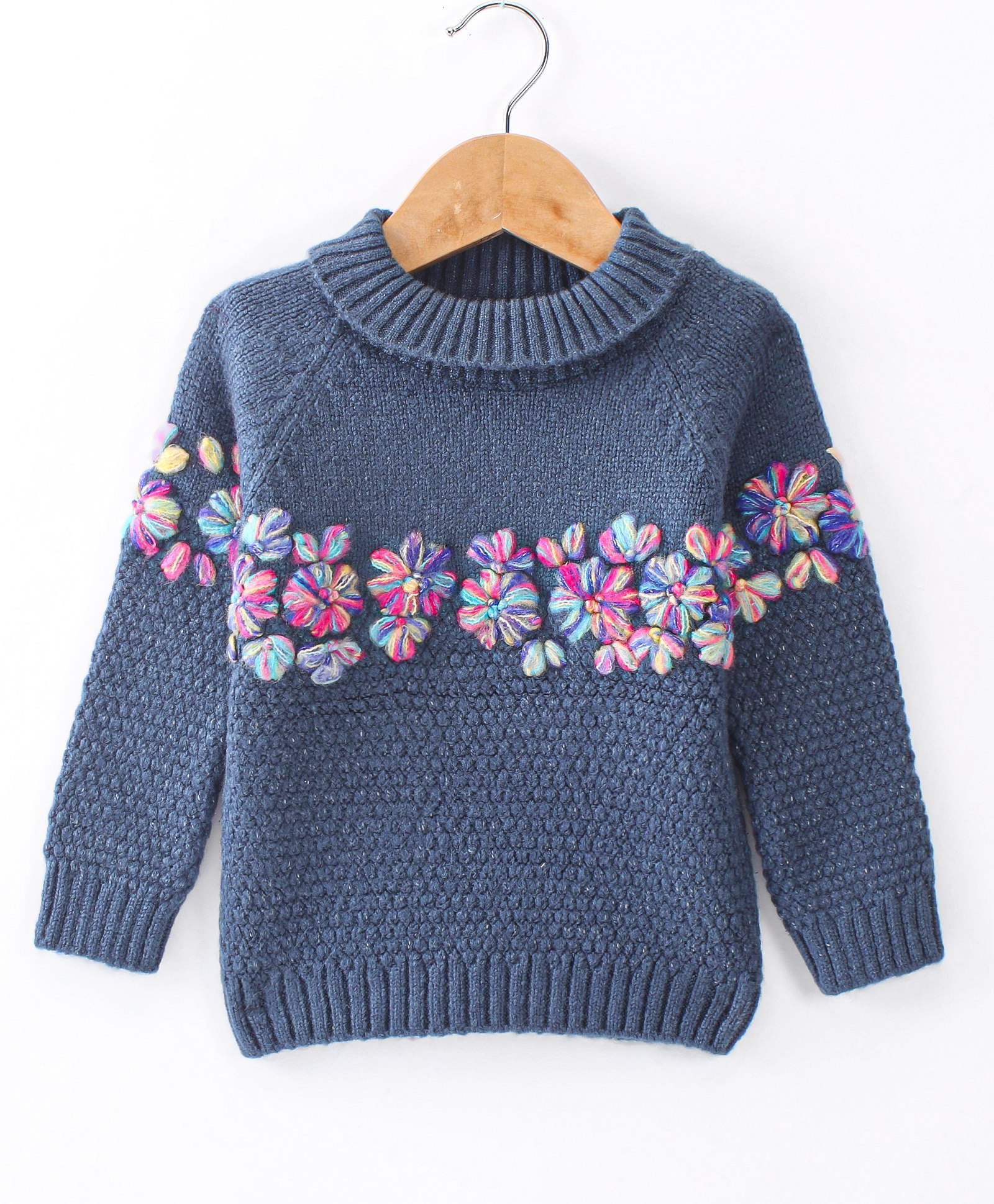 Yellow Apple Knitted Full Sleeves Sweater Floral Embroidery - Navy Blue-image-8