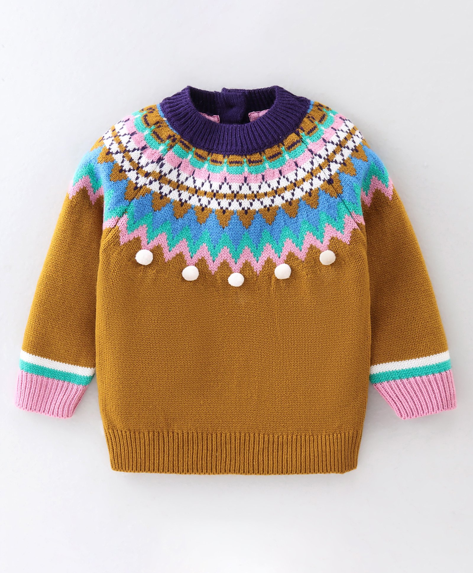 Yellow Apple Knitted Full Sleeves Sweater With Ikat Print - Brown-image-5