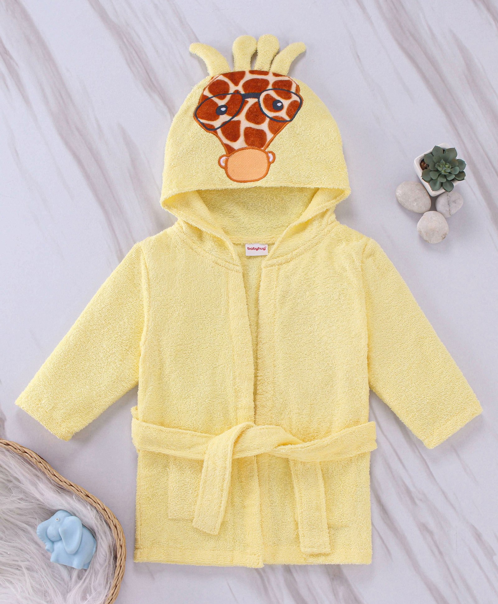 Babyhug Terry Woven Full Sleeves Hooded Bath Robe Giraffe Design - Yellow-image-42