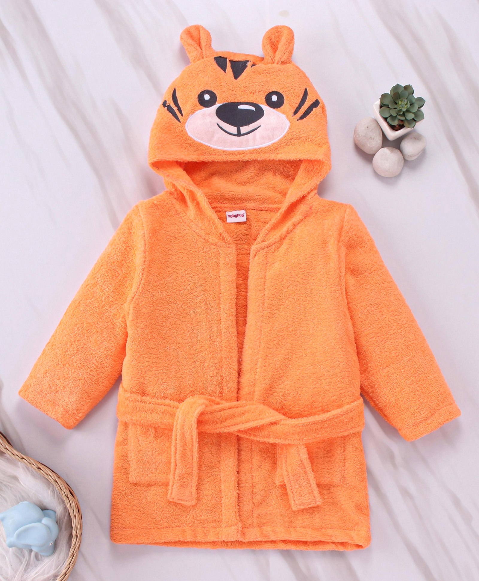 Babyhug Full Sleeves Woven Terry Tiger Faced Hooded Bath Robe - Orange-image-22