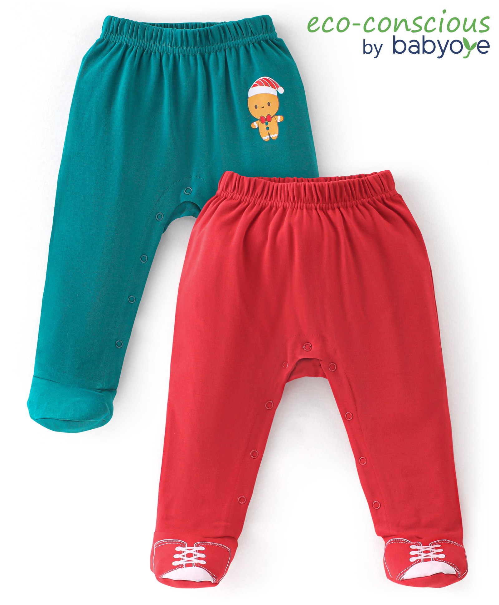 Babyoye 100% Cotton with Eco Jiva Finish Cookie Print Footed Diaper Pants Pack of 2 - Red & Green-picture-19