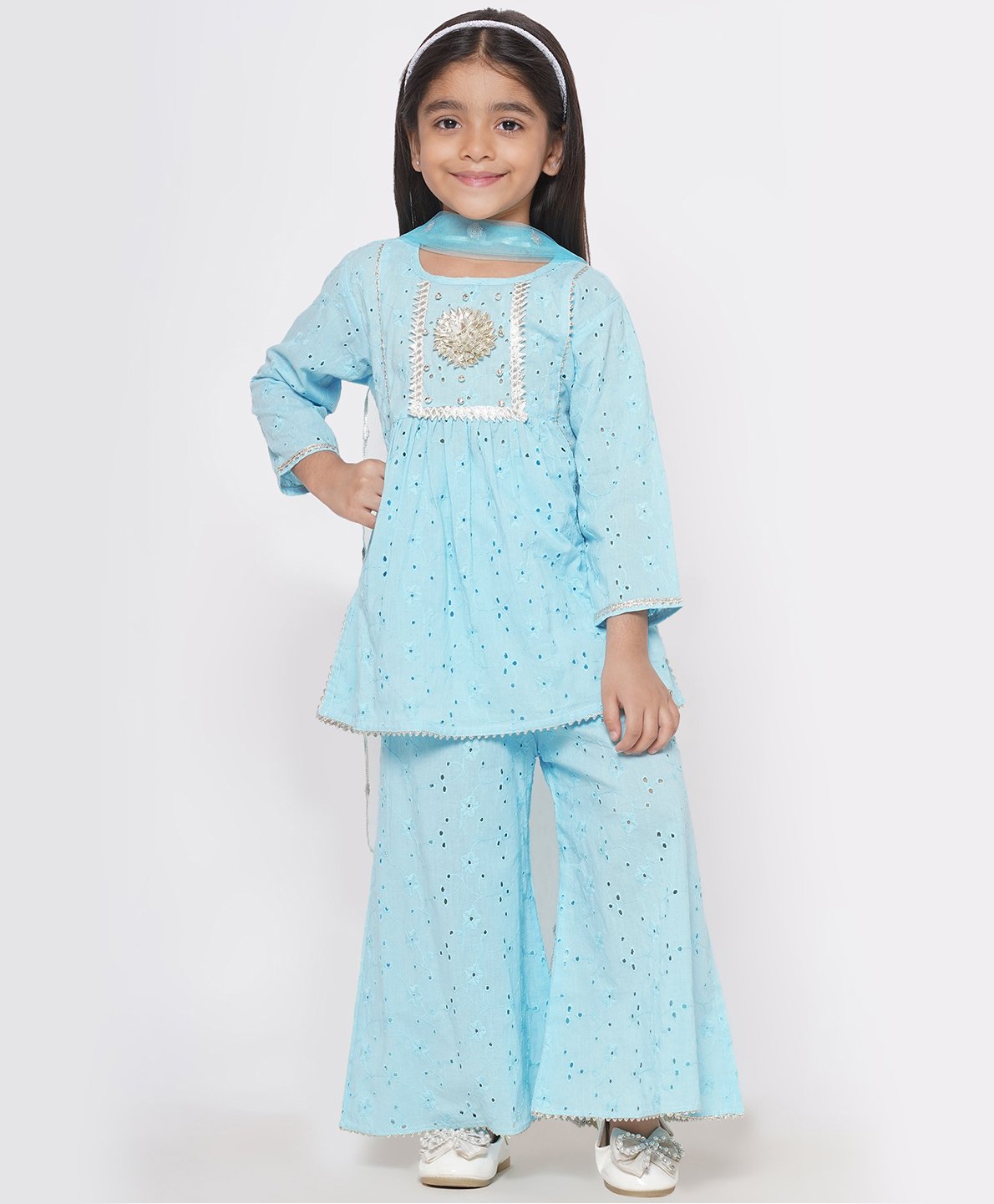 Little Bansi Full Sleeves Seamless Floral Schiffli Embroidered With Ghungroo & Gota Lace Embellished Coordinating Kurta Palazzo Set - Blue-image-2