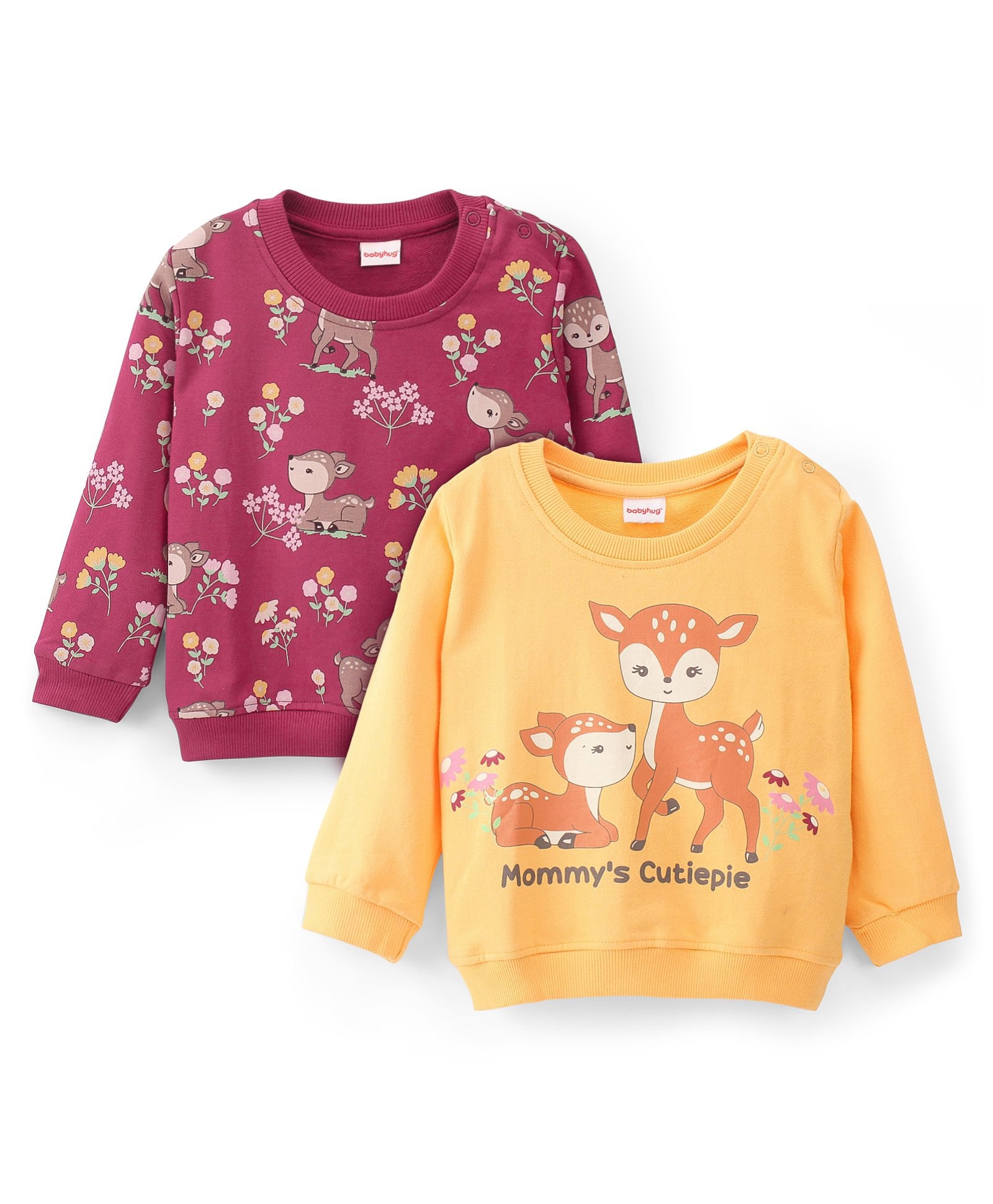 Babyhug 100% Cotton Knit Full Sleeves Sweatshirt With Floral & Deer Graphics Pack Of 2 - Yellow & Maroon-picture-21