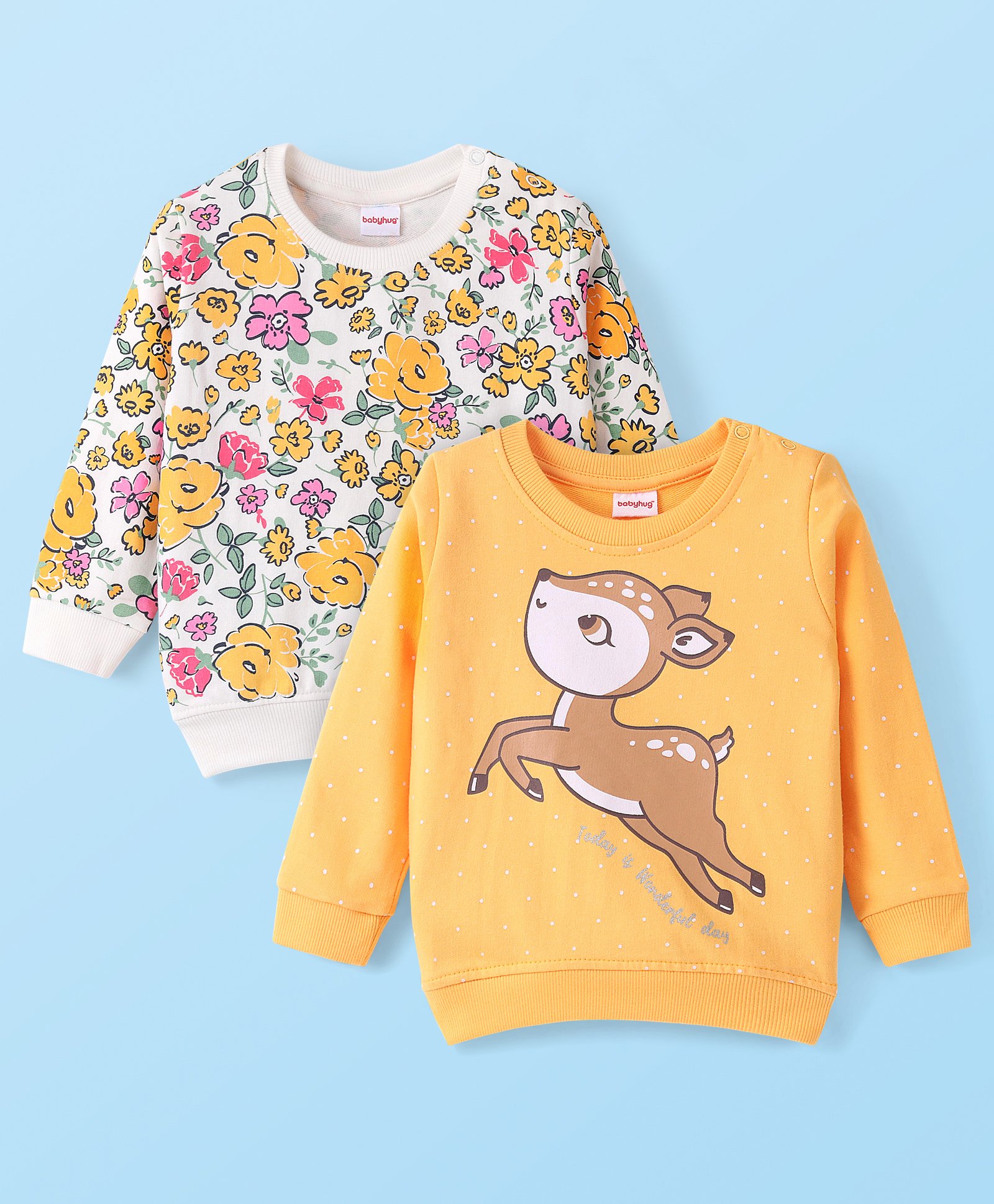 Babyhug 100% Cotton Knit Full Sleeves Sweatshirt With Floral & Deer Graphics Pack Of 2 - Yellow & White-image-38