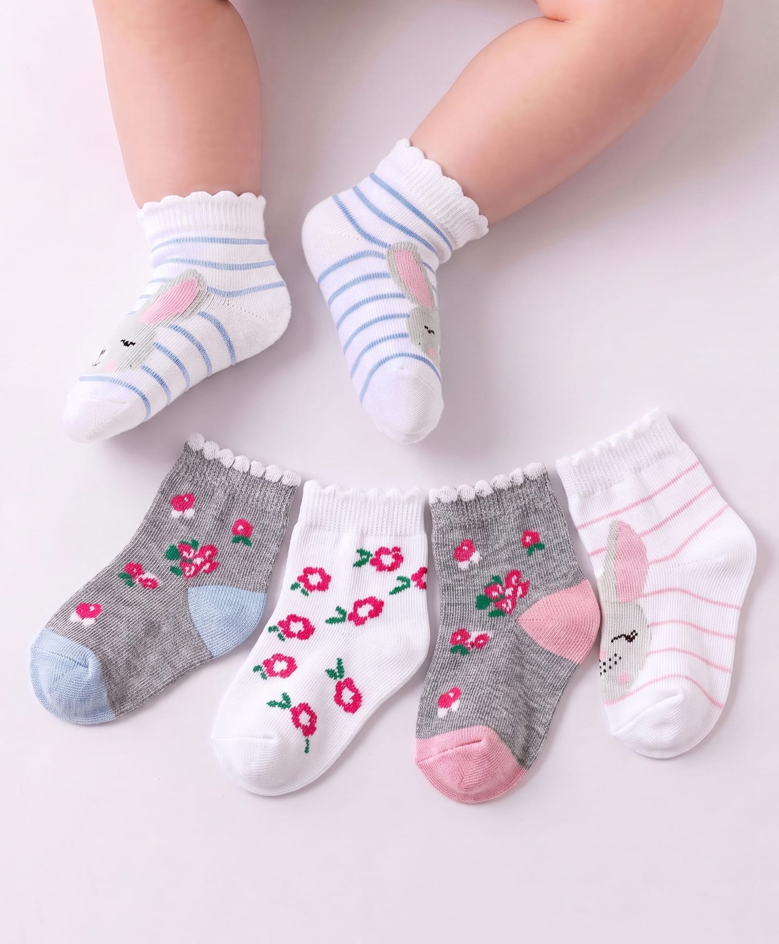 Cute Walk by Babyhug Cotton Knit Anti-Bacterial Ankle Length Striped & Floral Design Socks Pack of 5 - Grey & Pink-picture-30