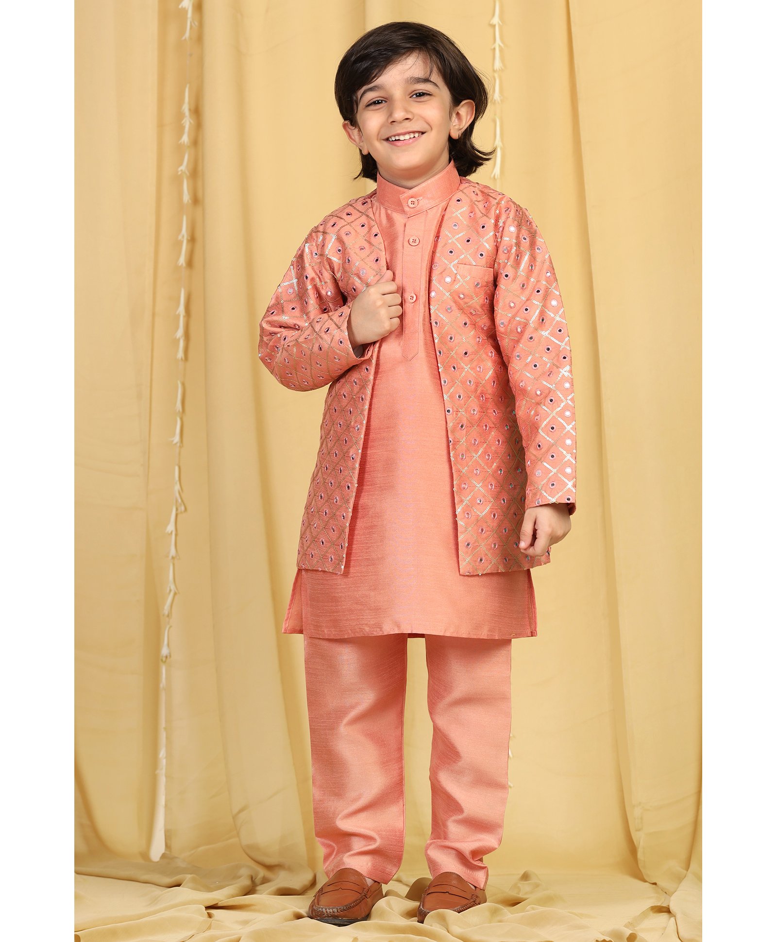 AJ Dezines Boys Full Sleeve Sequinned Embellished Indo Western Kurta Set - Peach-picture-11