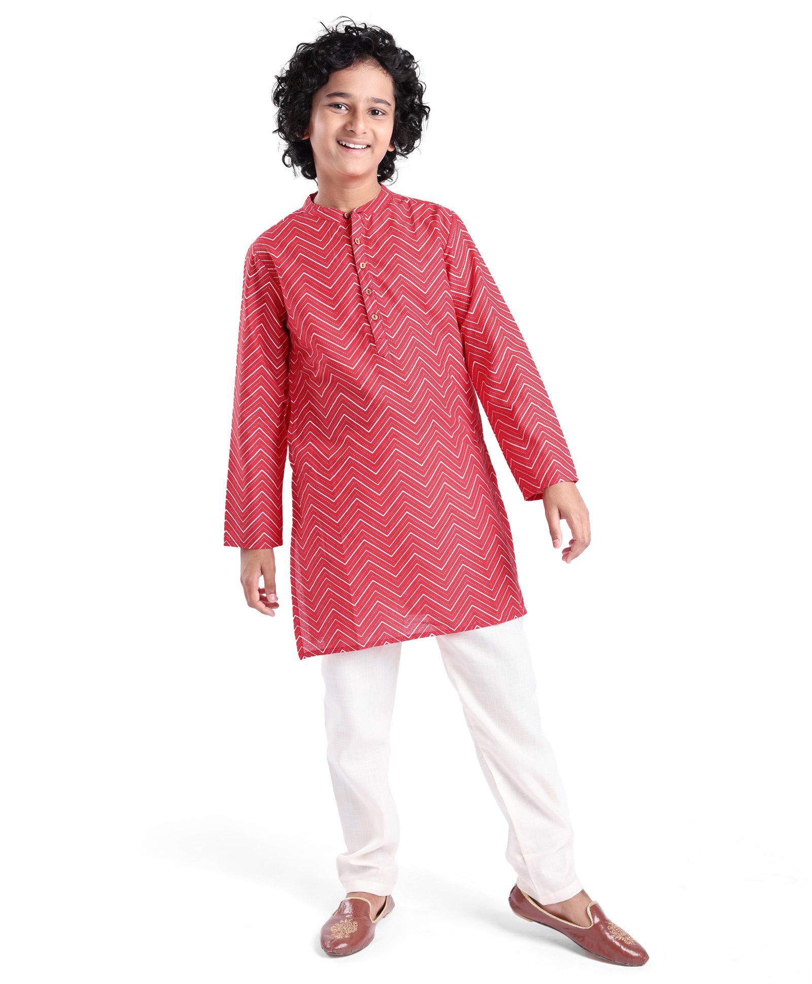 Pine Kids Full Sleeves Chevron Printed Kurta Pyjama Set- Red-picture-36