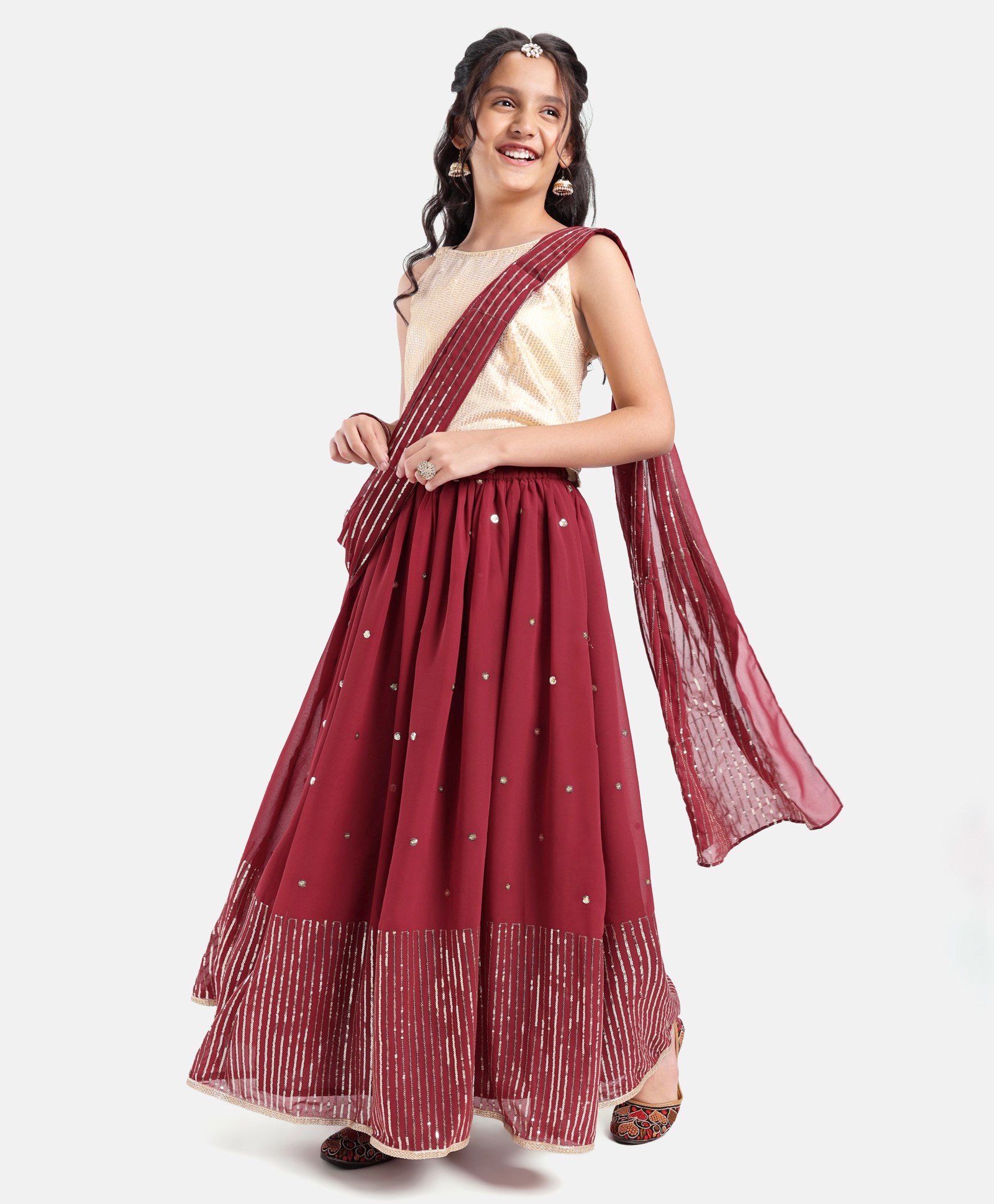 Pine Kids Sleeveless Sequined Choli Lehenga Set In Saree Style- Maroon-image-45
