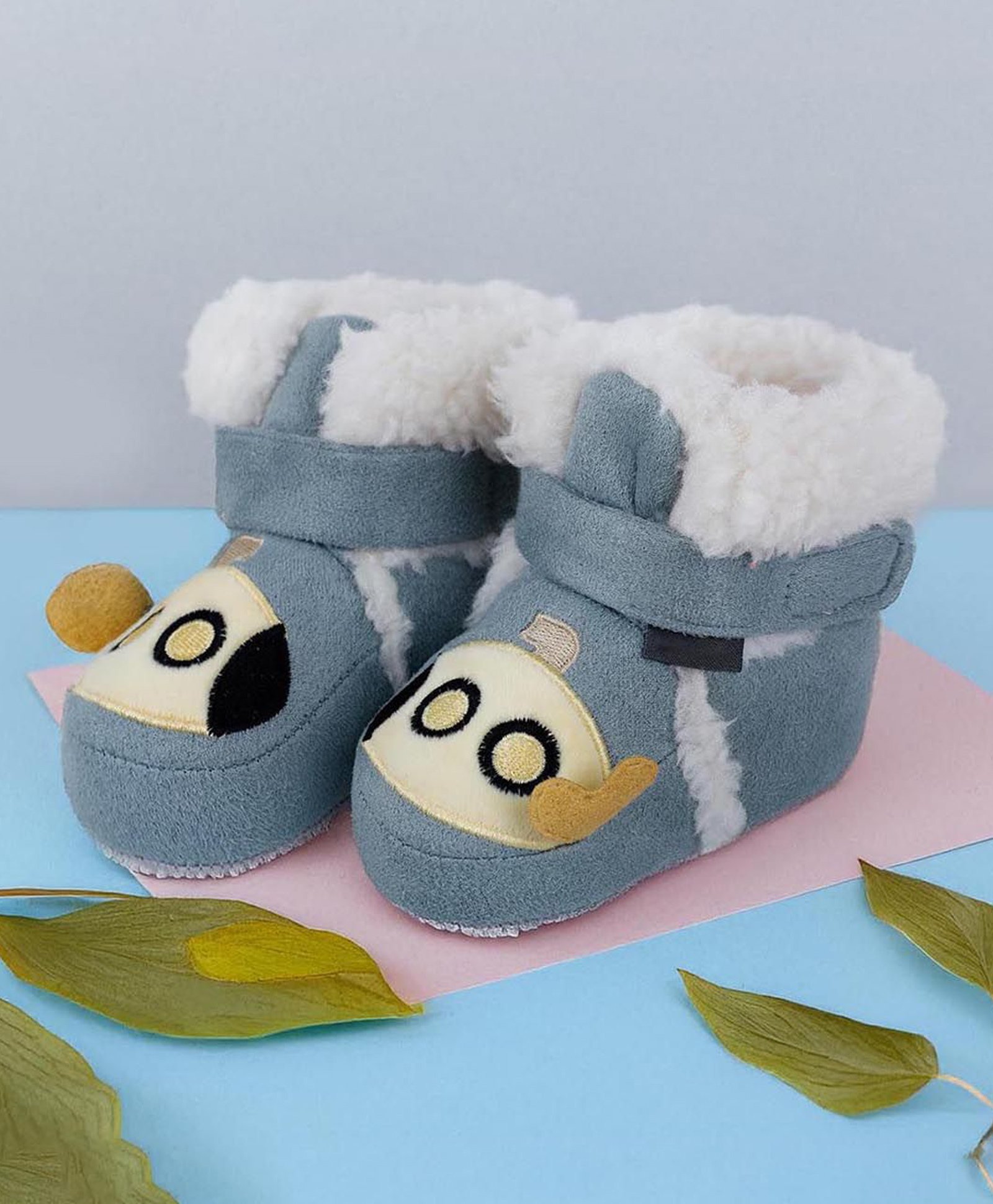 Baby Moo Submarine Velcro Closure Furry Booties - Blue-picture-2