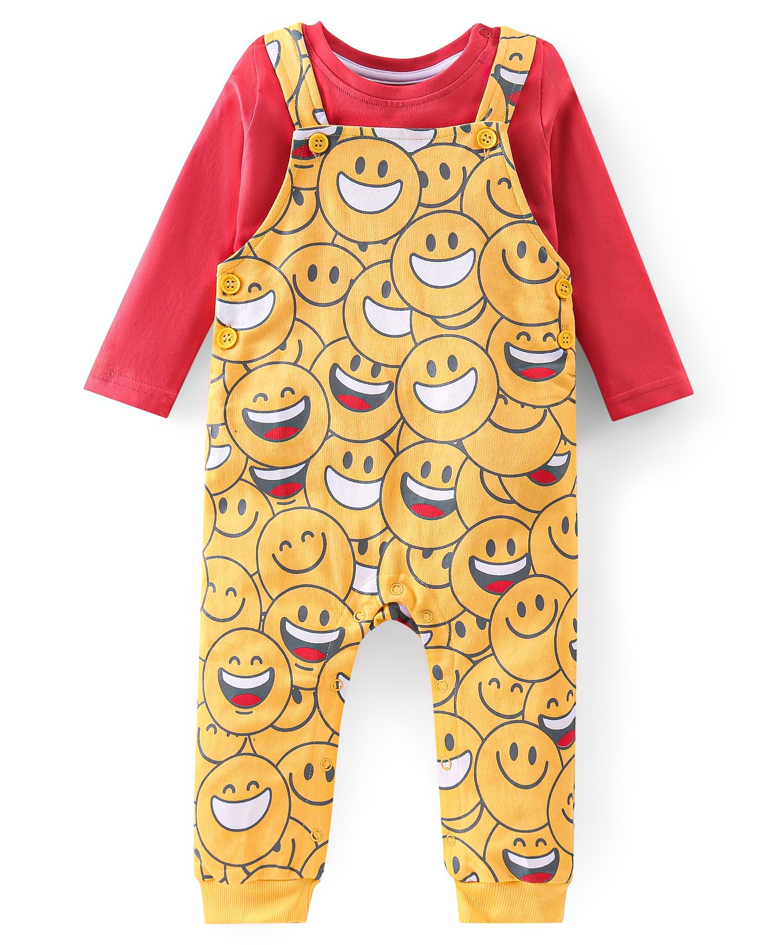 Babyhug 100% Cotton Single Jersey Knit Dungaree and Full Sleeves T-Shirt Set Emoji Print - Red & Yellow-picture-21