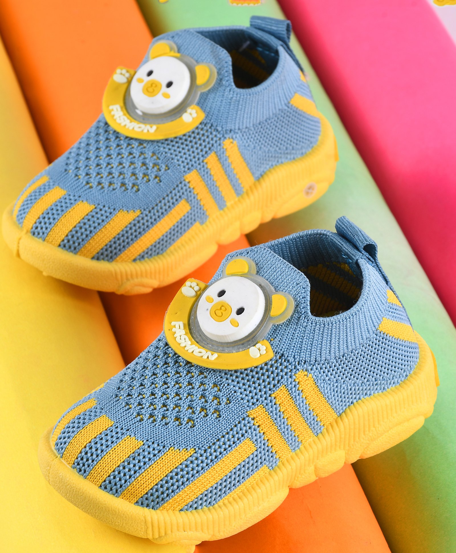 KATS Mesh Design Striped Monkey Applique Booties - Aqua Blue