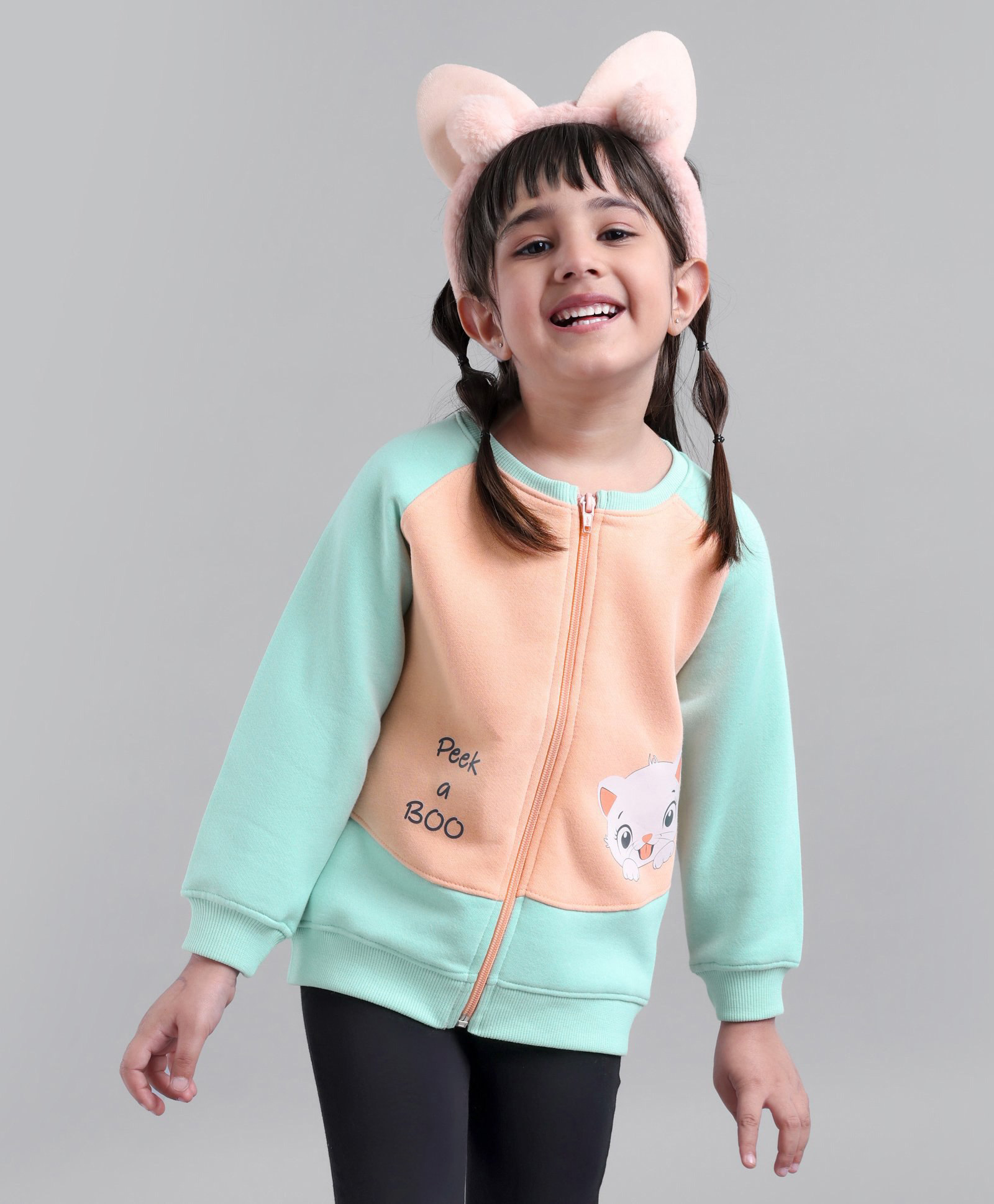 Babyoye Cotton Blend Eco Conscious Full Sleeves Sweat Jacket Kitty Print- Peach & Green-image-33