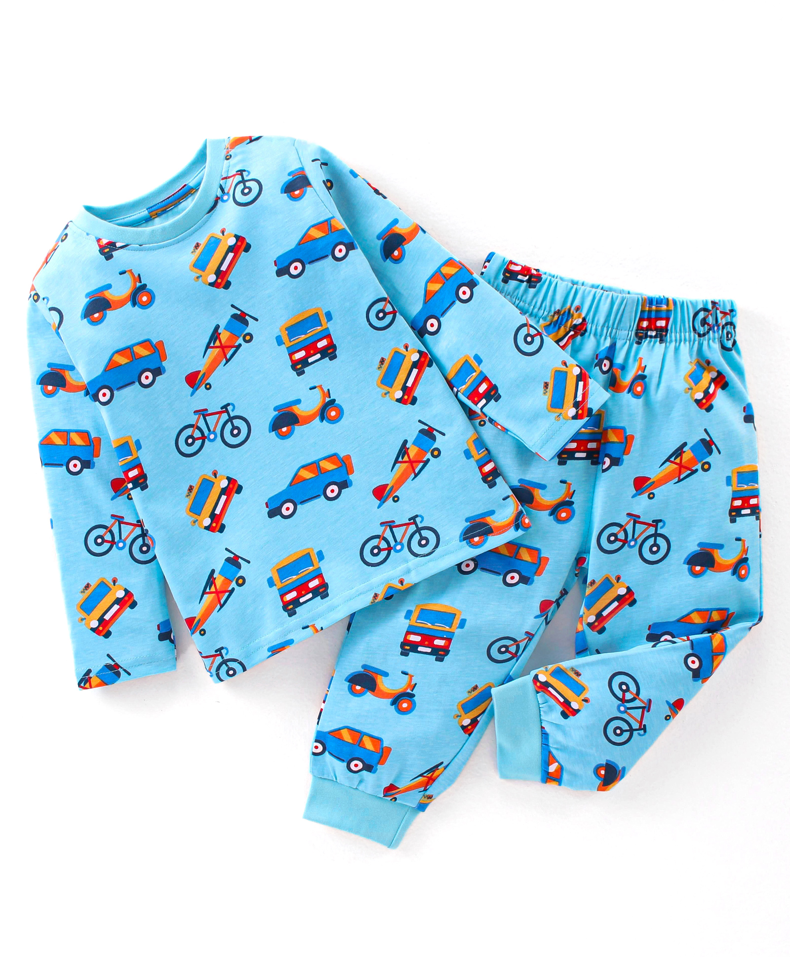 Babyhug Cotton Full Sleeves Night Suit Vehicles Print - Blue-image-32