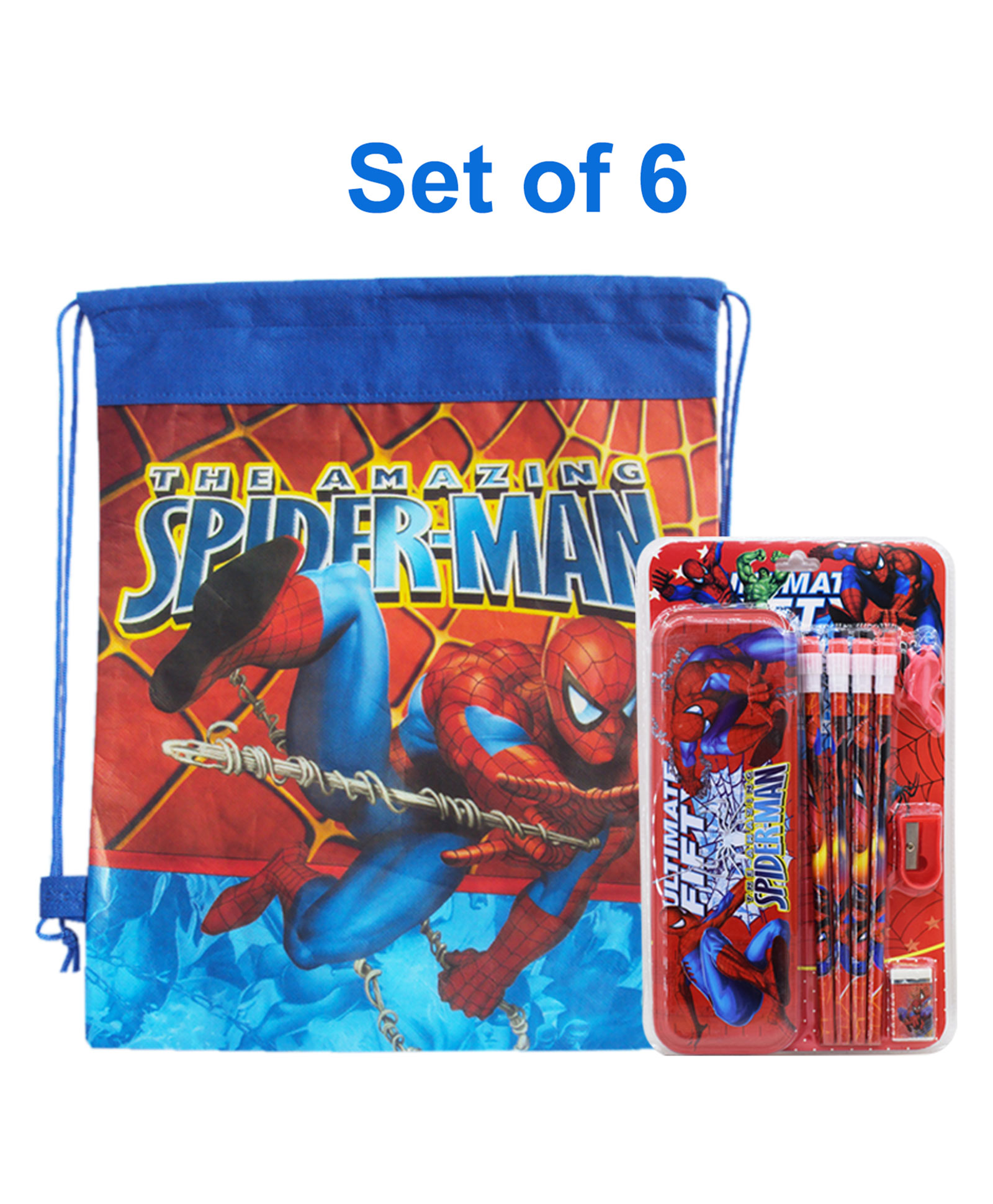 Asera Set of 6 Spiderman Stationery Gift Pack and Dori Bags Sack Bags Return Gift Bags for Kids Birthday Party Return Gift Combo - Multicolor-image-0