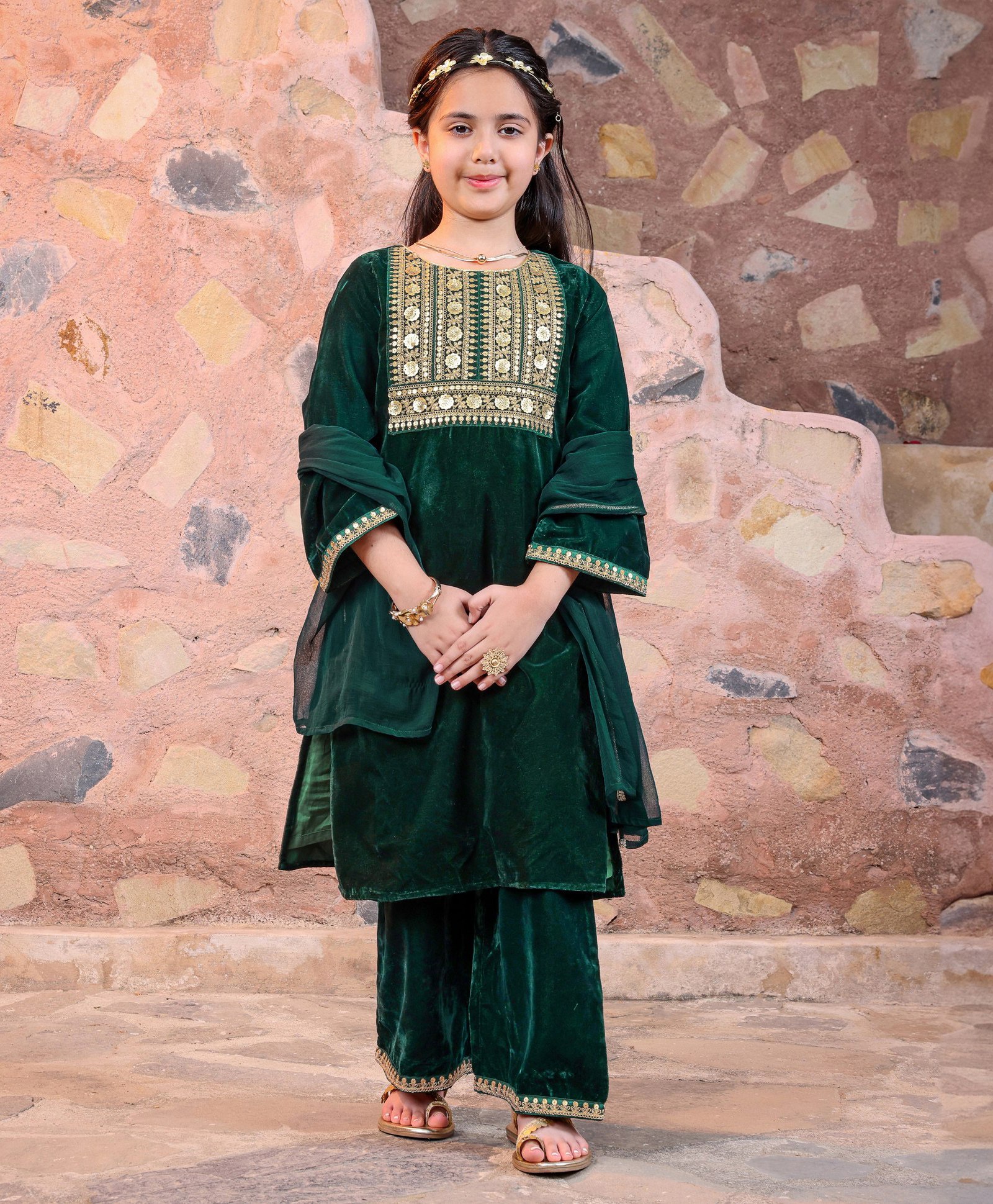 Earthy Touch Full Sleeves Embroidered Velvet Kurta & Salwar Set - Dark Green-image-3