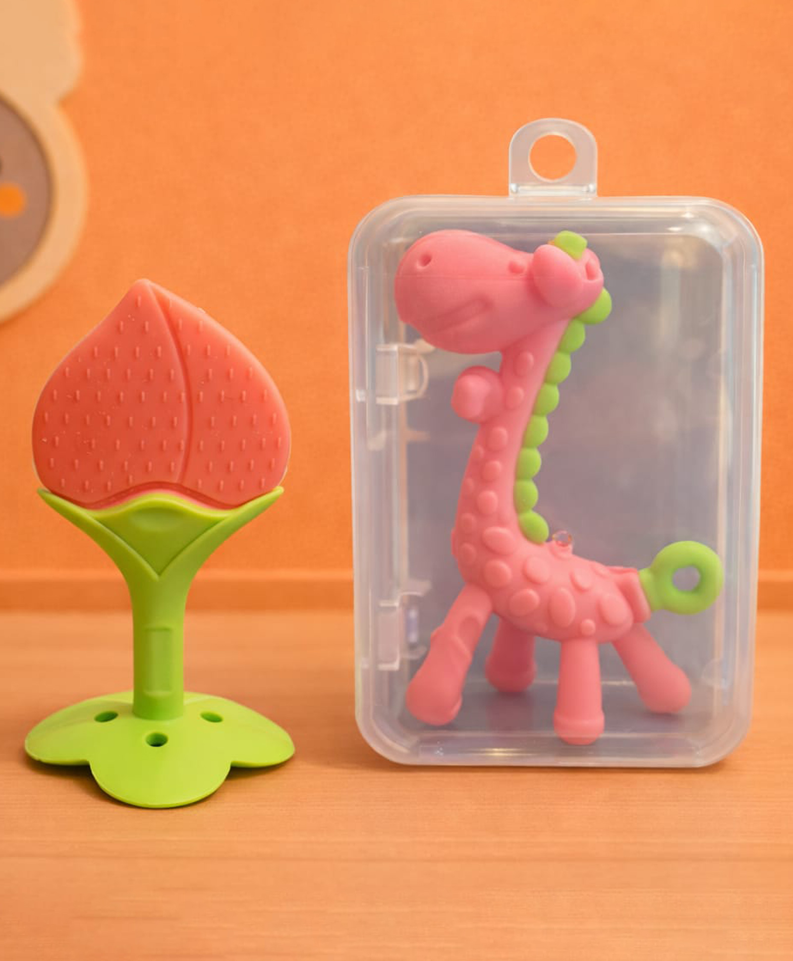 Kritiu Baby Giraffe Shape Silicone Teether Toy & Stand Teether Combo Pack Of 2 - Pink-picture-11