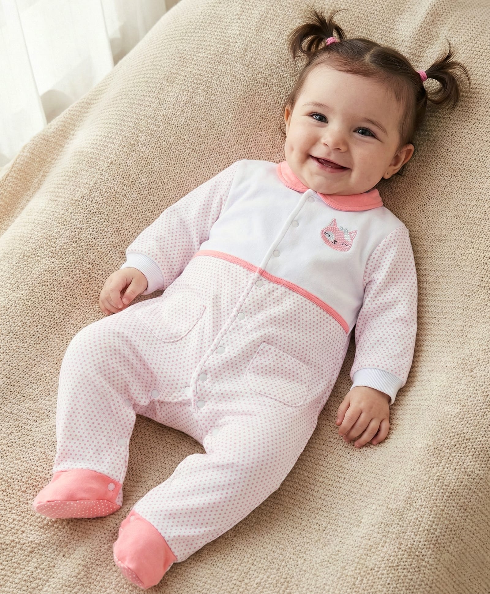 Babyoye Eco Conscious 100% Cotton Fox Embroidery & Polka Dots Printed Winter Wear Footed Sleepsuit - White-image-7