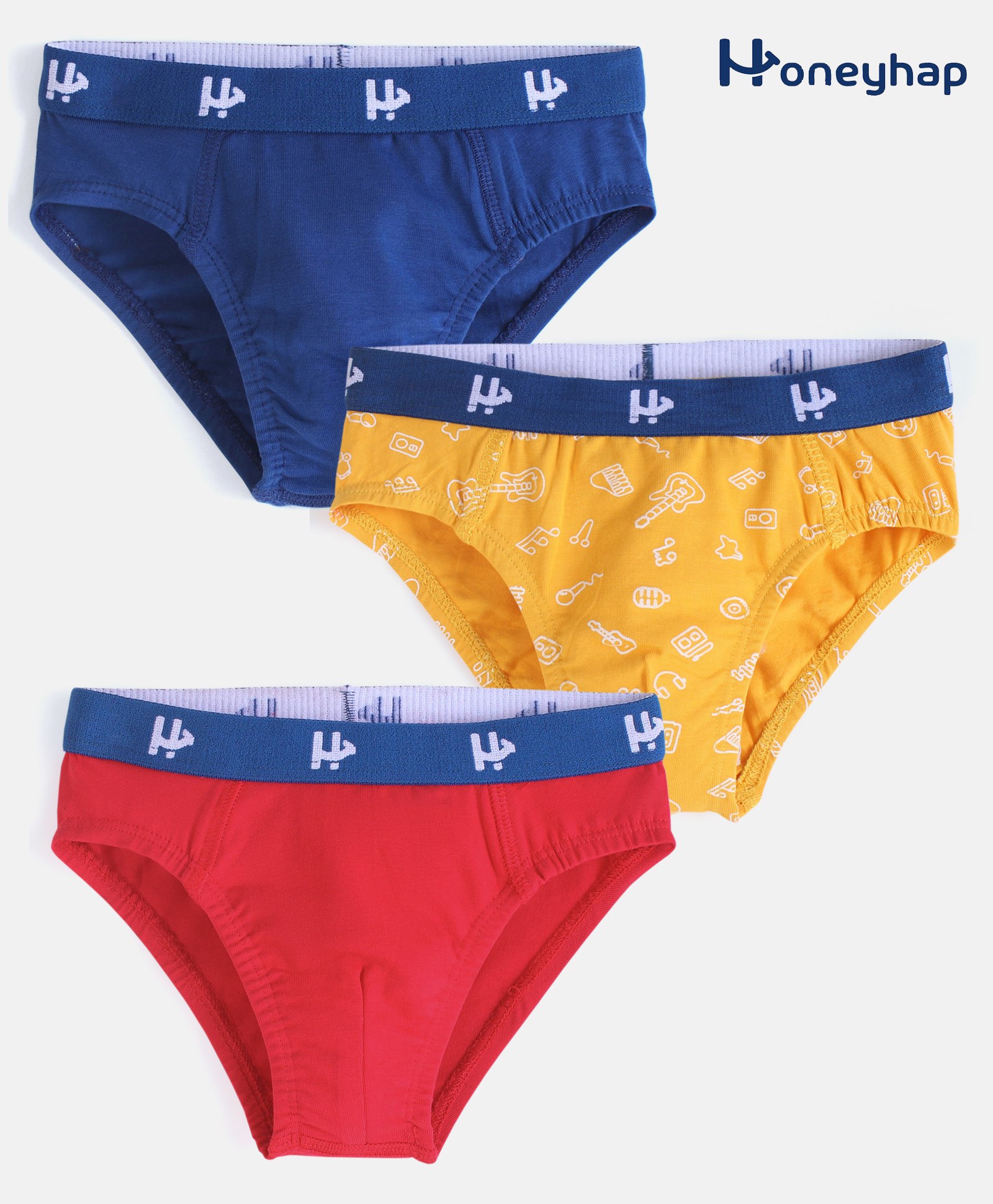 Honeyhap Premium Cotton Super Soft Stretchable Briefs With Silvadur Finish Guitar Print Pack Of 3 - Navy PeonyOld Gold & High Risk Red-image-44
