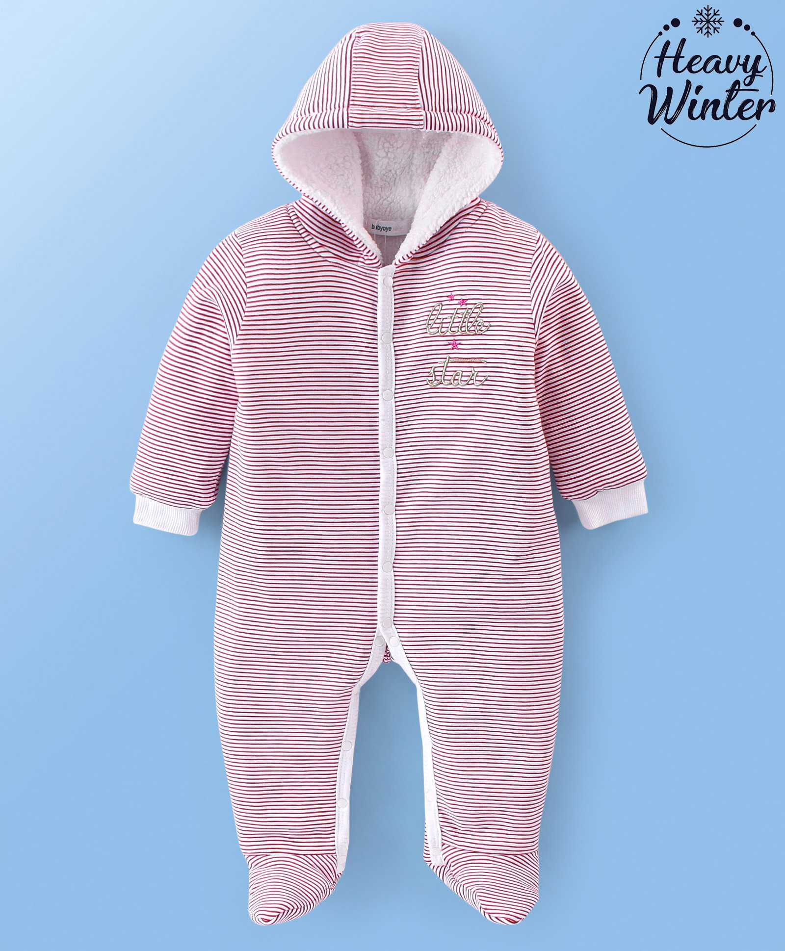 Babyoye Eco Conscious 100% Cotton Full Sleeves Striped Hooded Footed Winter Sleepsuit Text Embroidery - Multicolor