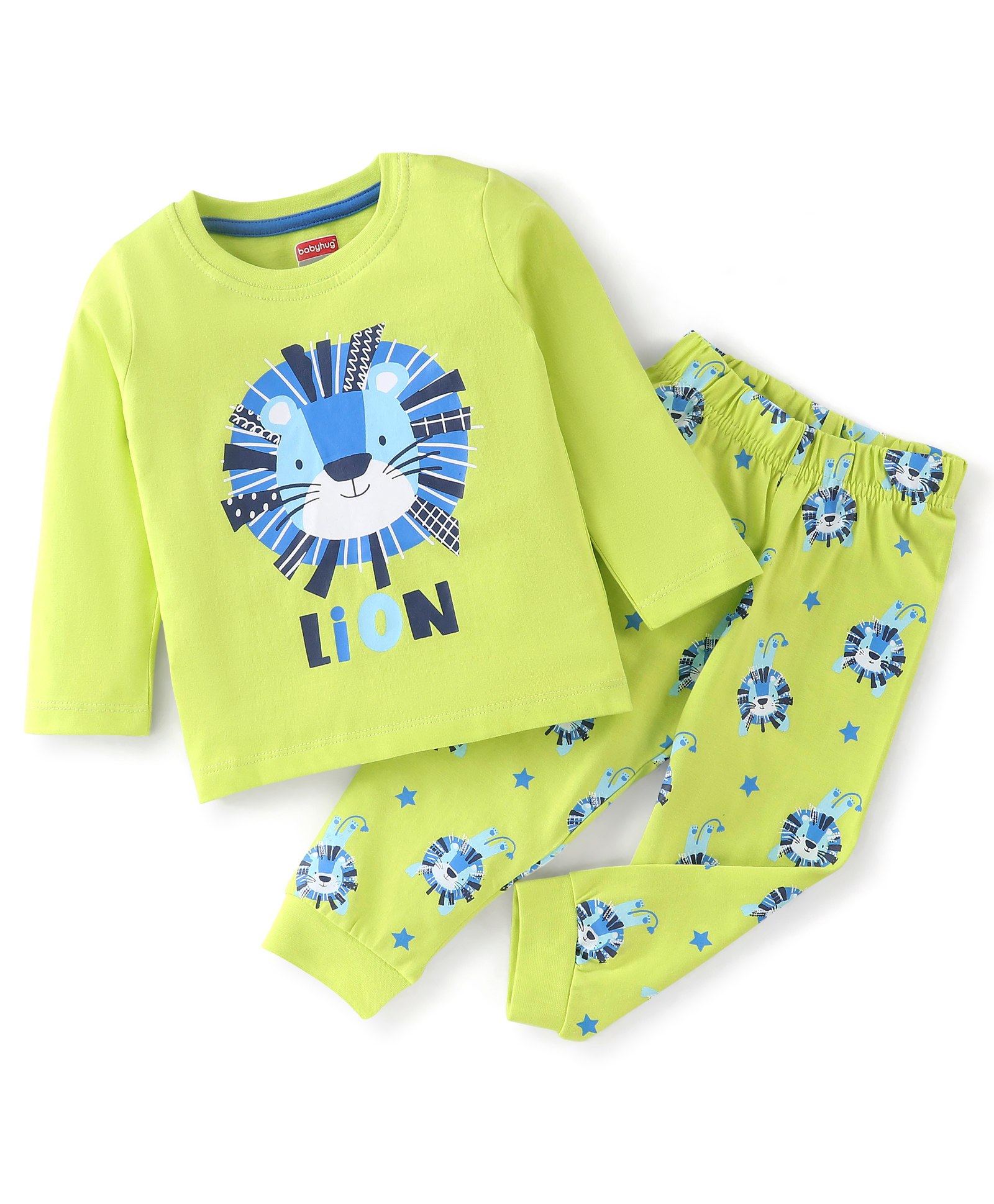 Babyhug Cotton Knit Full Sleeves Lion Printed Night Suit - Green-image-42