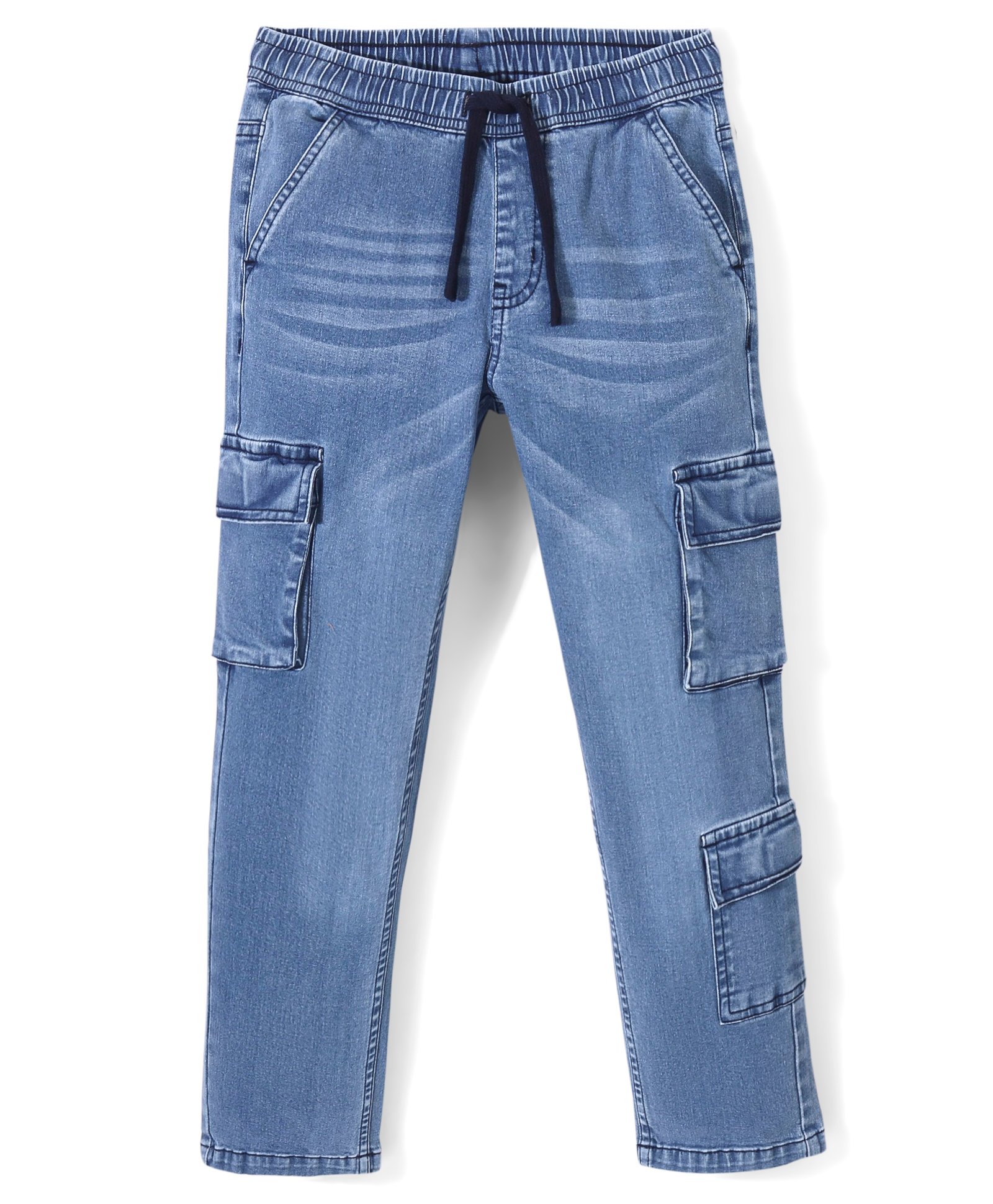 Pine Kids Denim Washed Full Length Cargo Fit Jeans with Pockets - Mid Blue-image-5