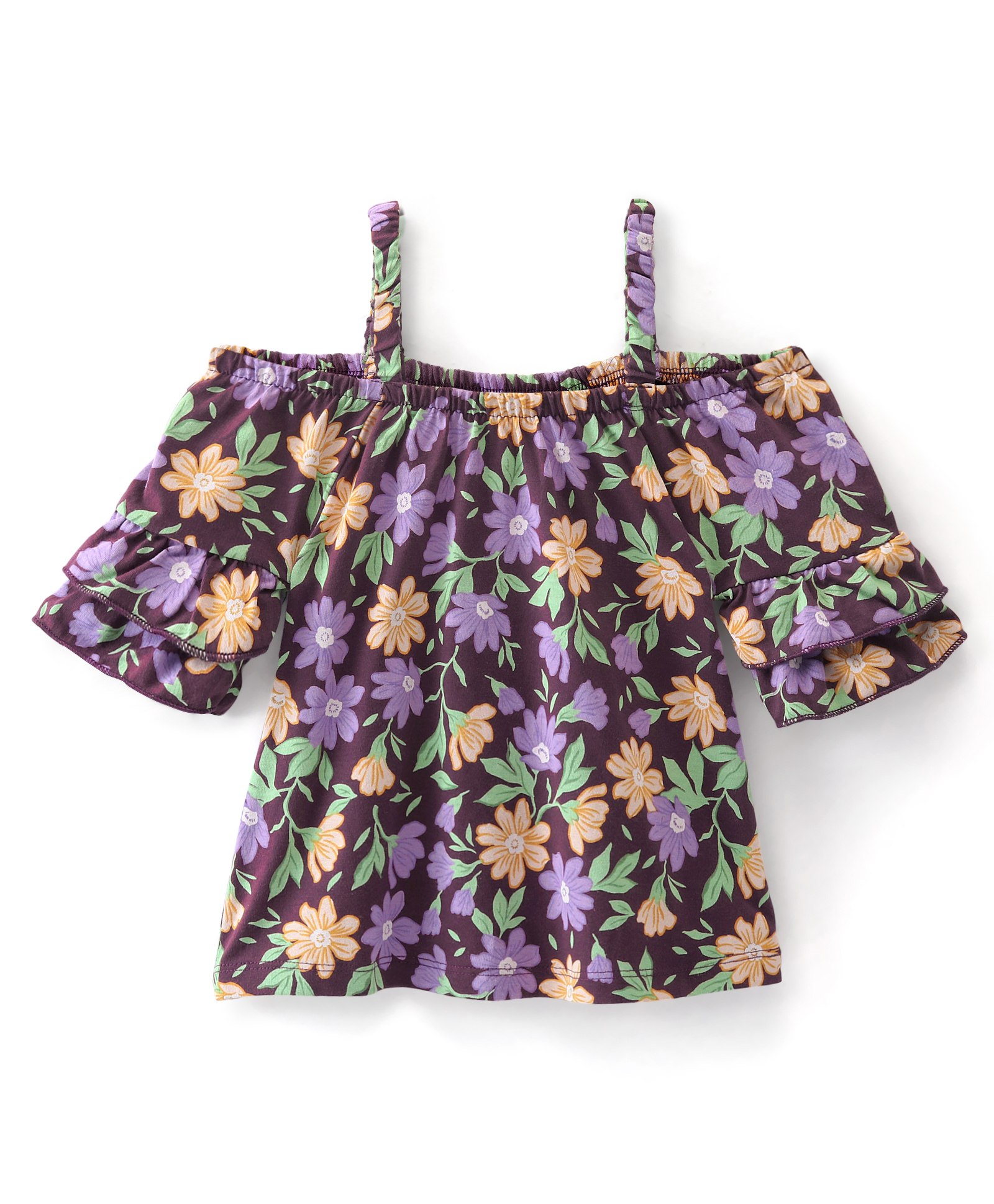 Babyhug 100% Cotton Three Fourth Sleeves Off Shoulder Top with Frill Detailing Floral Print - Purple-picture-16