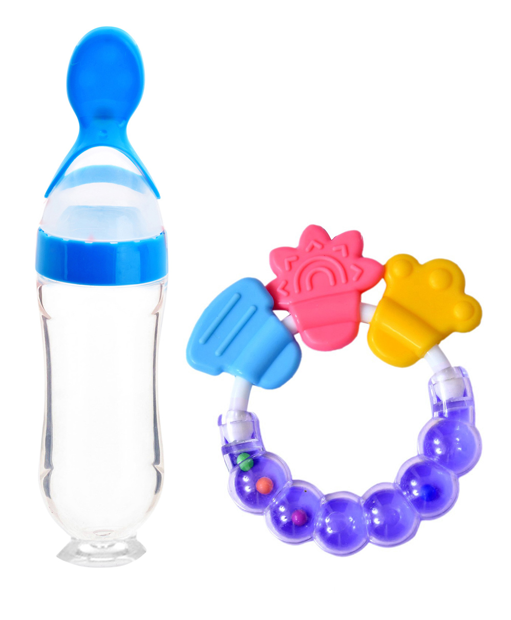 DOMENICO Silicone Squeezy Food Feeder Bottle With Spoon & Rattle Teether - Blue-picture-24