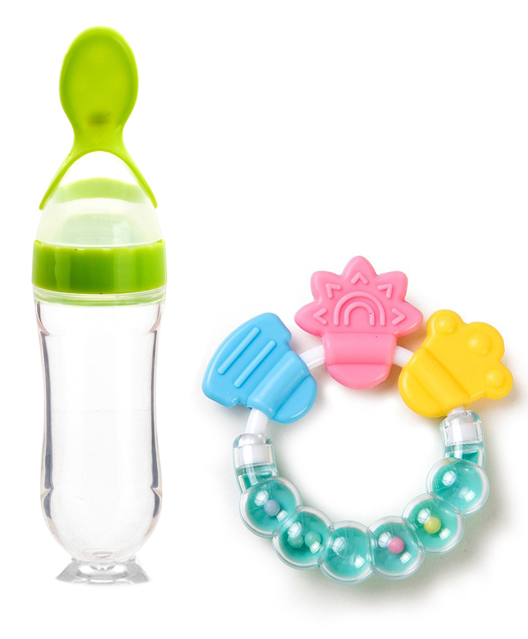 DOMENICO Silicone Squeezy Food Feeder Bottle With Spoon & Rattle Teether - Green-picture-23