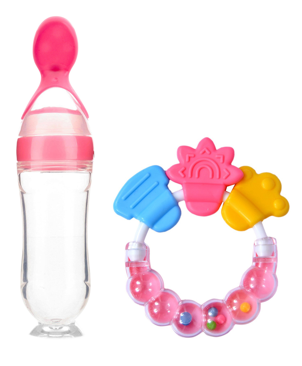 DOMENICO Silicone Squeezy Food Feeder Bottle With Spoon & Rattle Teether - Pink-picture-22