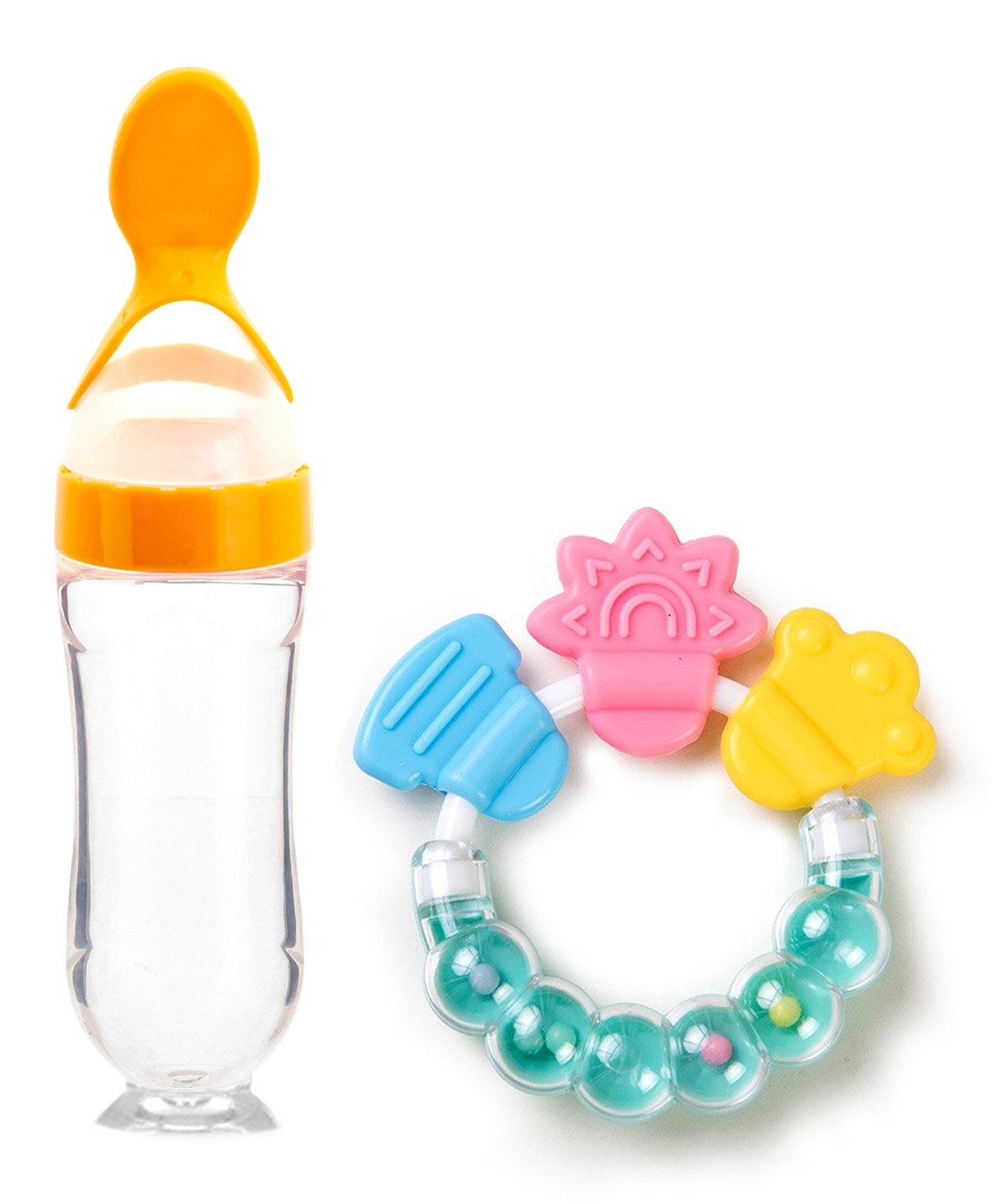 DOMENICO Silicone Squeezy Food Feeder Bottle With Spoon & Rattle Teether - Yellow-picture-21